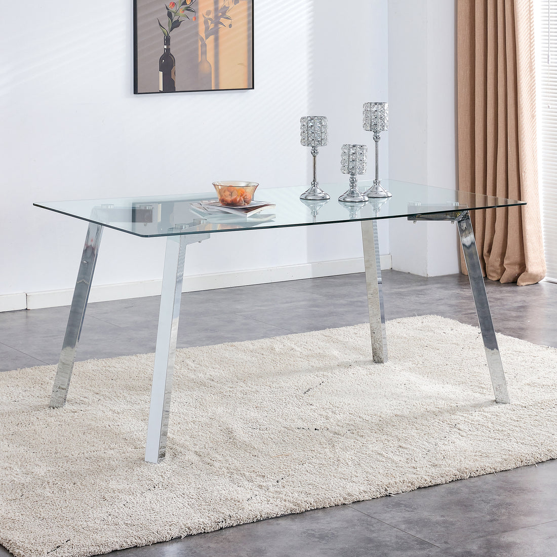 A Modern Minimalist Rectangular Glass Dining Table With Tempered Glass Tabletop And Silver Metal Legs, Suitable For Kitchens, Restaurants, And Living Rooms,63"*35.4"*30" Silver Metal