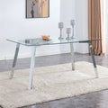 A Modern Minimalist Rectangular Glass Dining Table With Tempered Glass Tabletop And Silver Metal Legs, Suitable For Kitchens, Restaurants, And Living Rooms,63