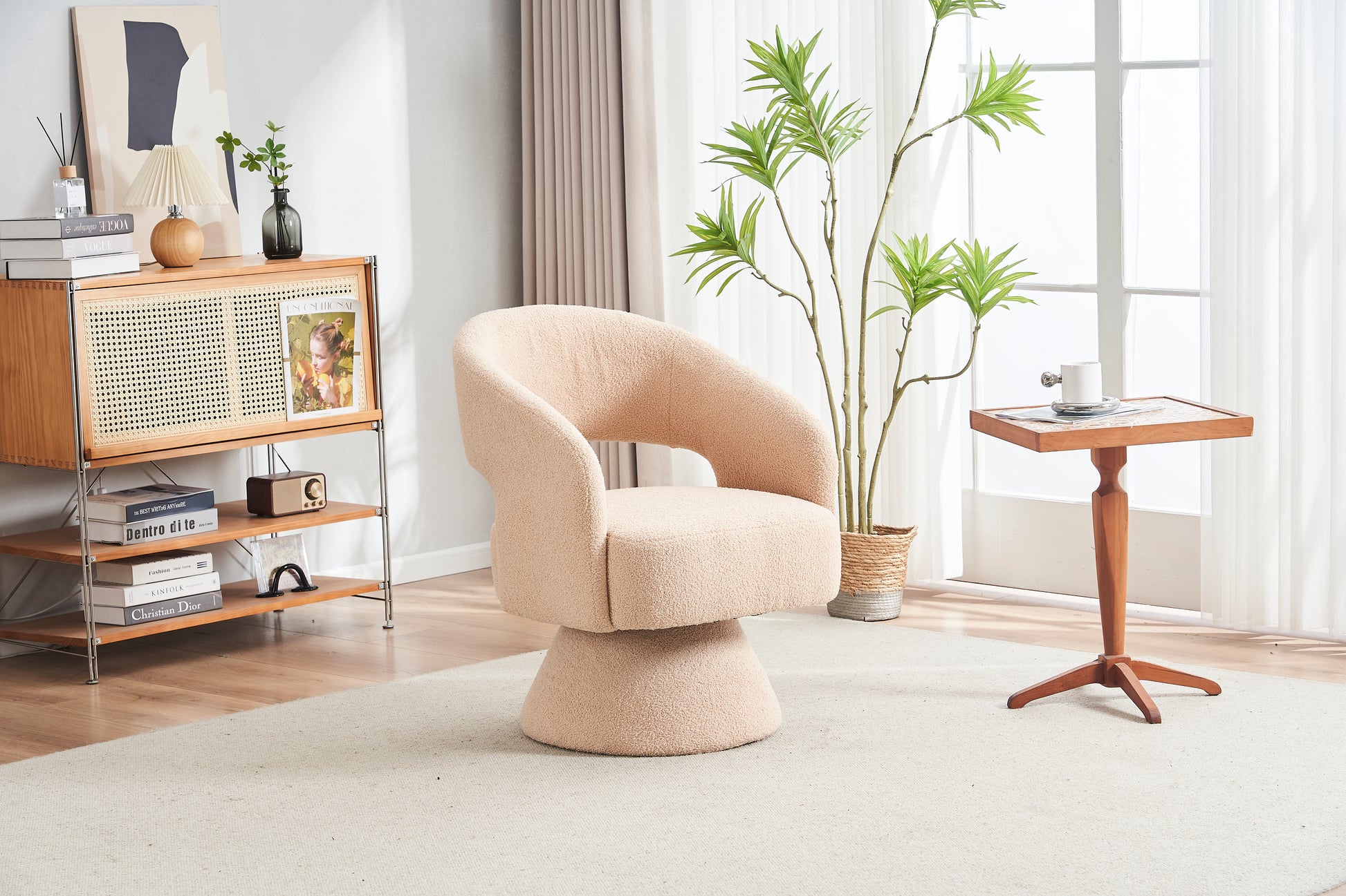 Swivel Accent Chair Armchair, Round Barrel Chair In Fabric For Living Room Bedroom,Nude Teddy Cream Faux Fur