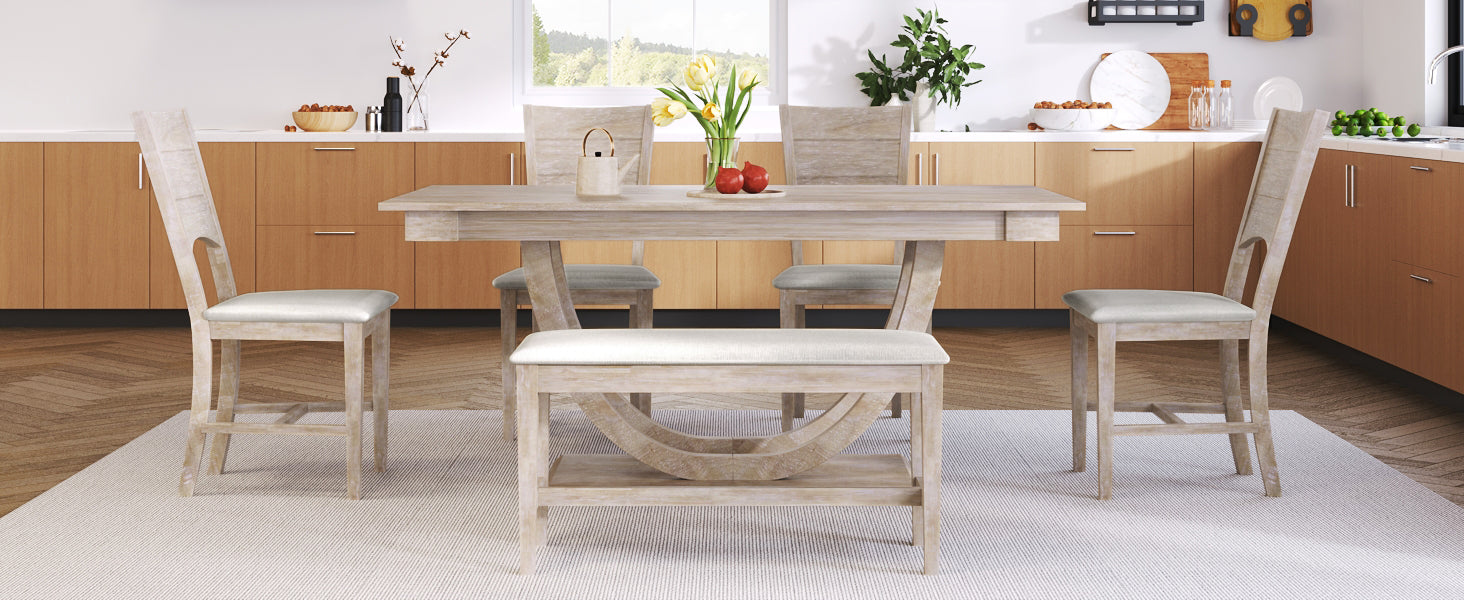 6 Piece Wood Half Round Dining Table Set Kitchen Table Set With Long Bench And 4 Dining Chairs, Modern Style, Natural Wood Dining Room Bench Seating Rubberwood Rectangular Dining Table With Chair