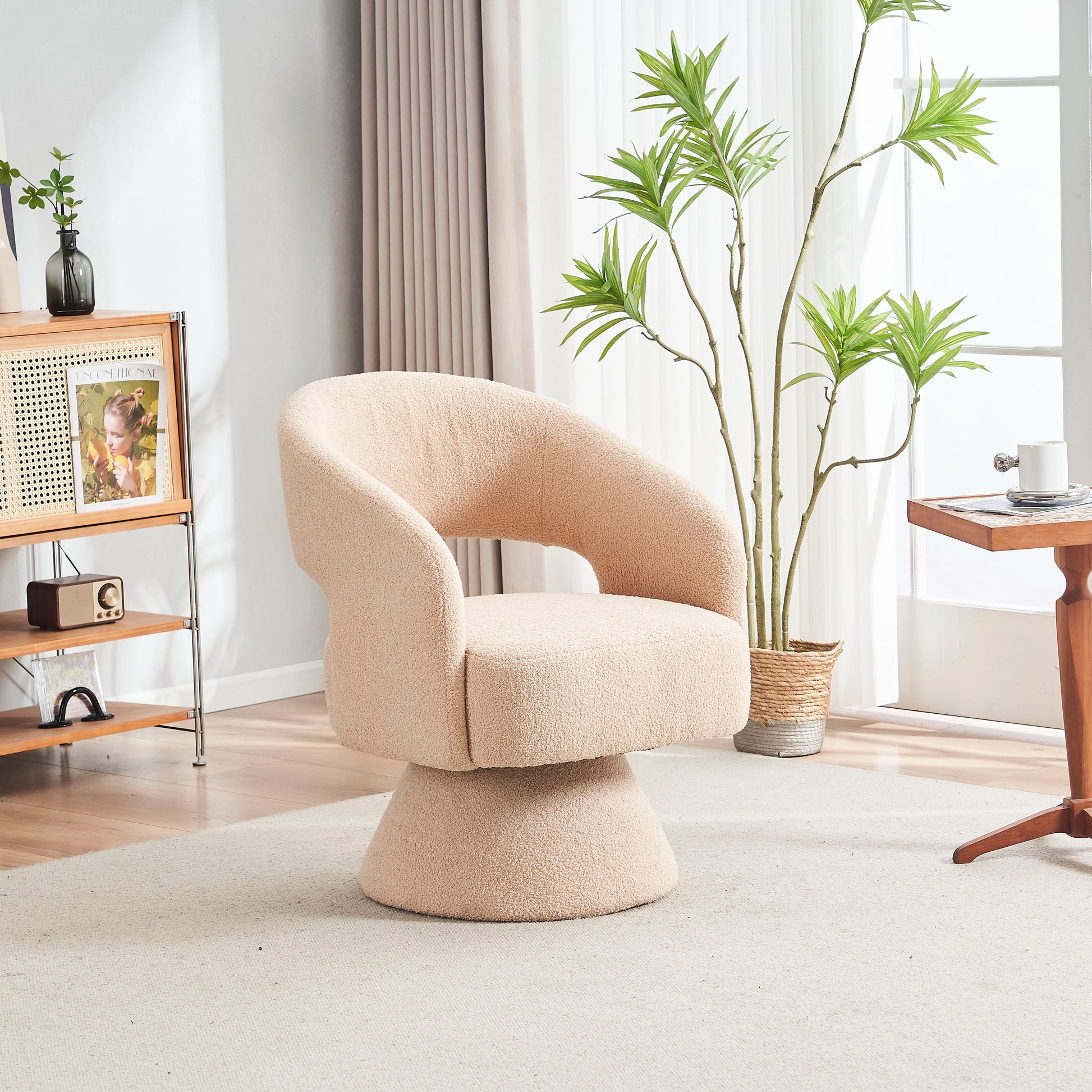 Swivel Accent Chair Armchair, Round Barrel Chair In Fabric For Living Room Bedroom,Nude Teddy Cream Faux Fur