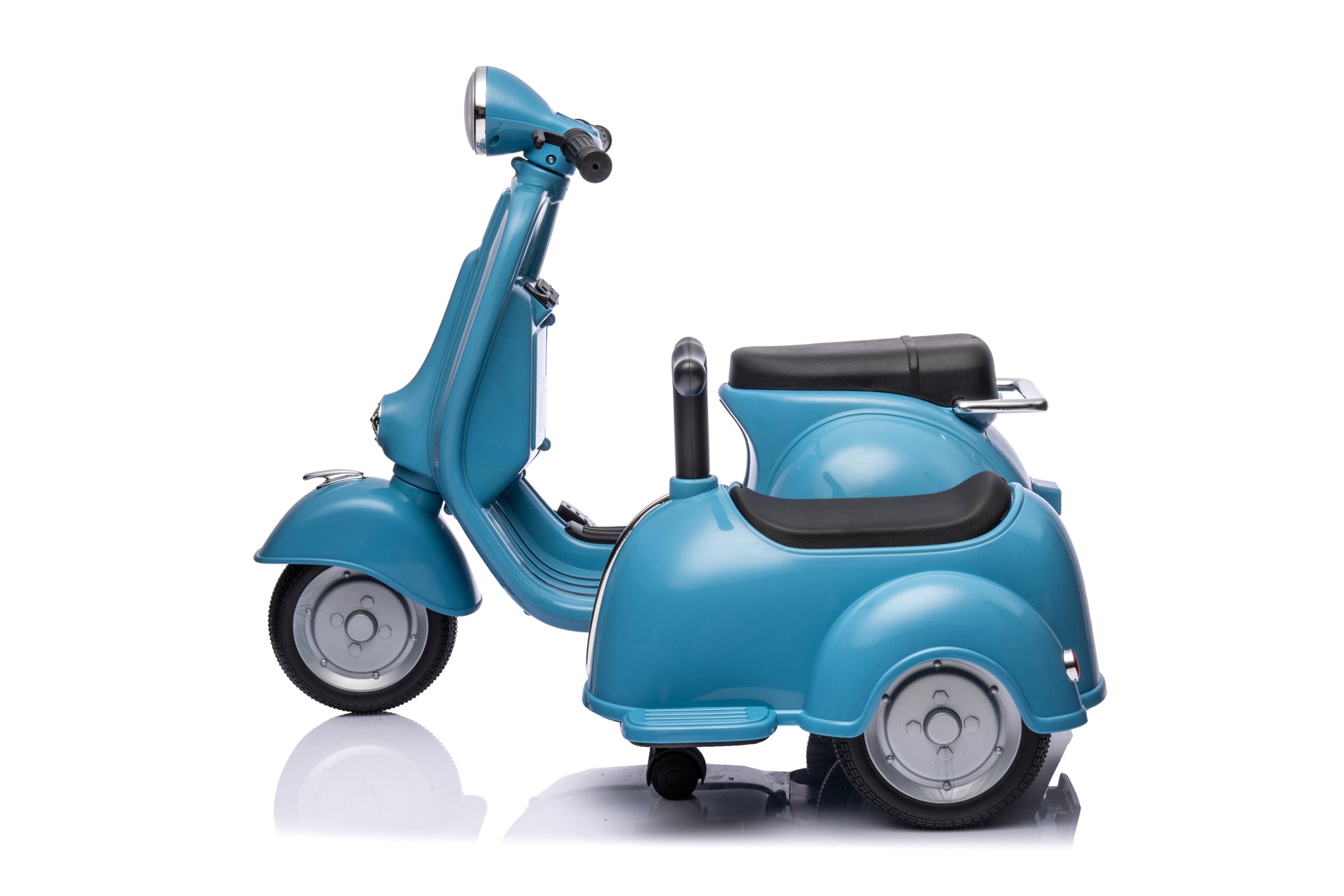 6V Licensed Vespa Scooter Motorcycle With Side Car For Kids, Blue Blue Chrome
