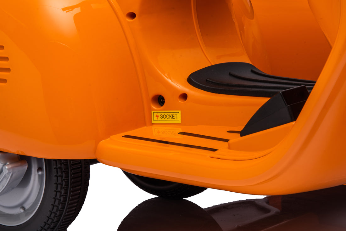 6V Licensed Vespa Scooter Motorcycle With Side Car For Kids, Orange Orange Chrome