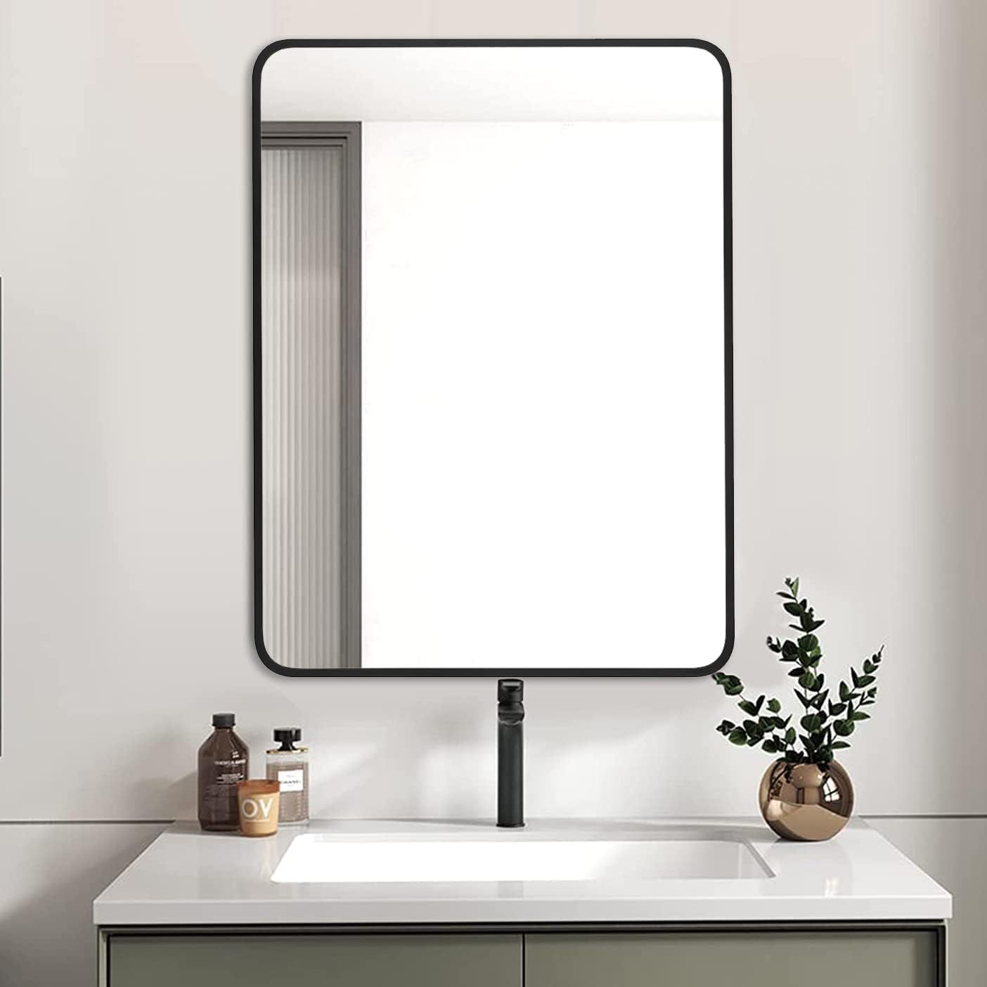 Black 24X32 Inch Metal Rectangle Barhroom Mirror Black Classic Mdf Glass Aluminium Alloy