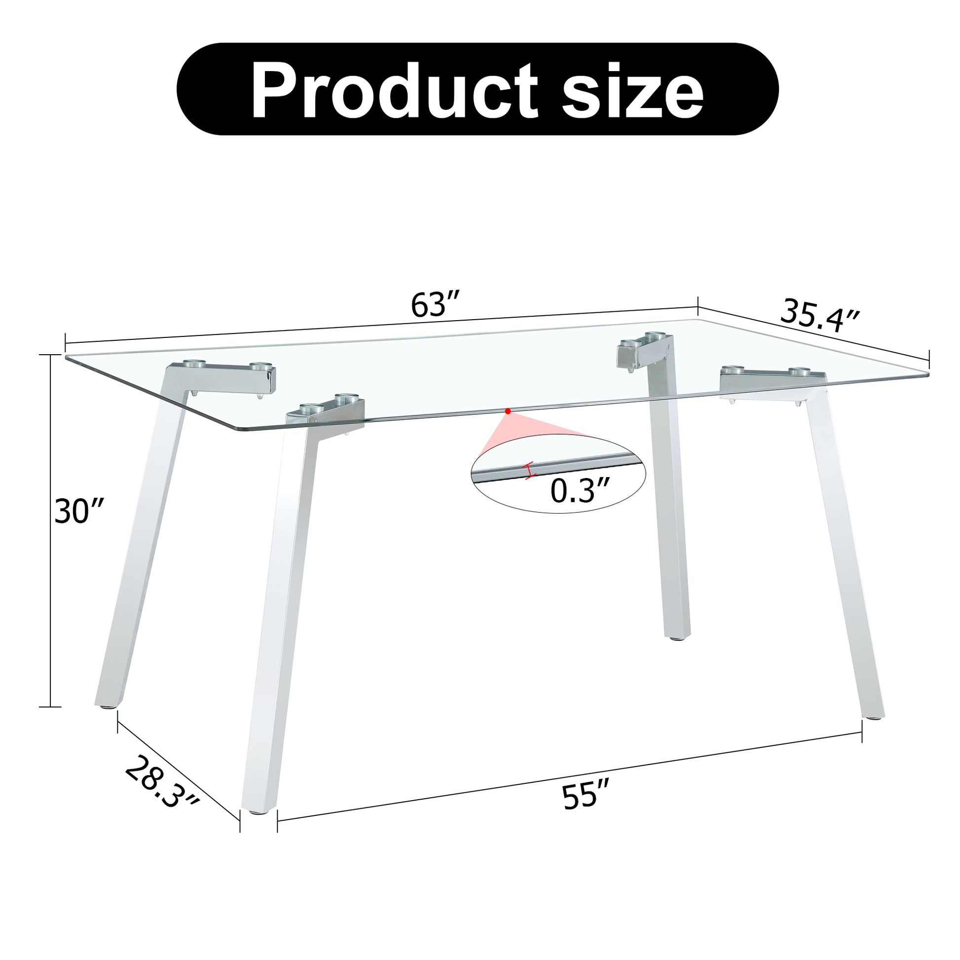 A Modern Minimalist Rectangular Glass Dining Table With Tempered Glass Tabletop And Silver Metal Legs, Suitable For Kitchens, Restaurants, And Living Rooms,63"*35.4"*30" Silver Metal