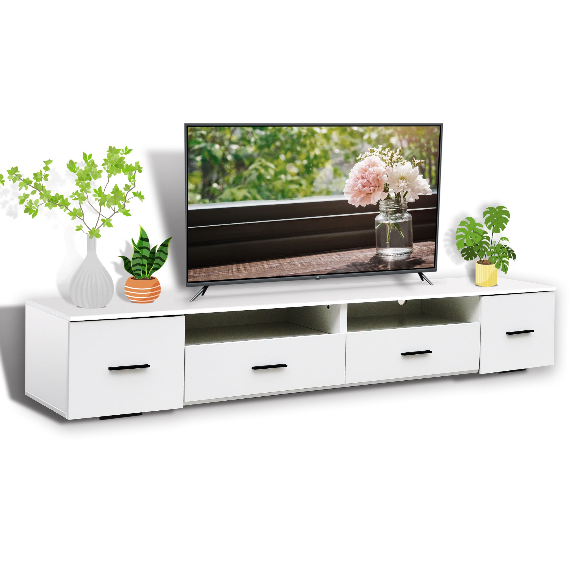 White TV Stand for Living Room, Modern Entertainment white-particle board