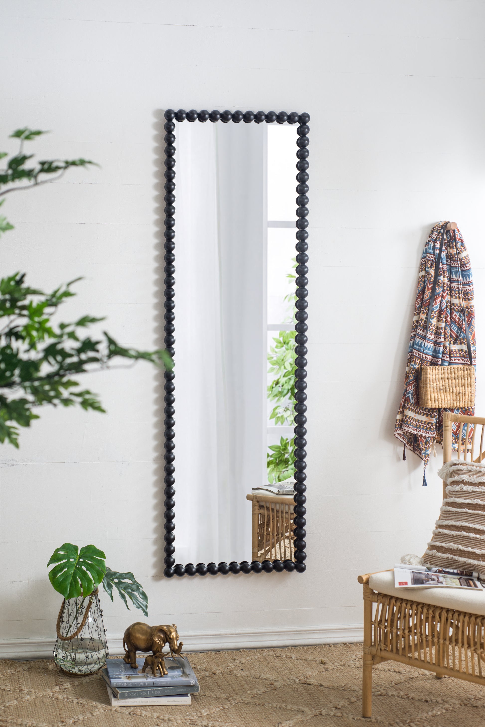 23" X 72" Full Length Mirror With Metal Beaded Frame, Rectangular Oversized Mirror For Living Room Bedroom, Black Black Iron