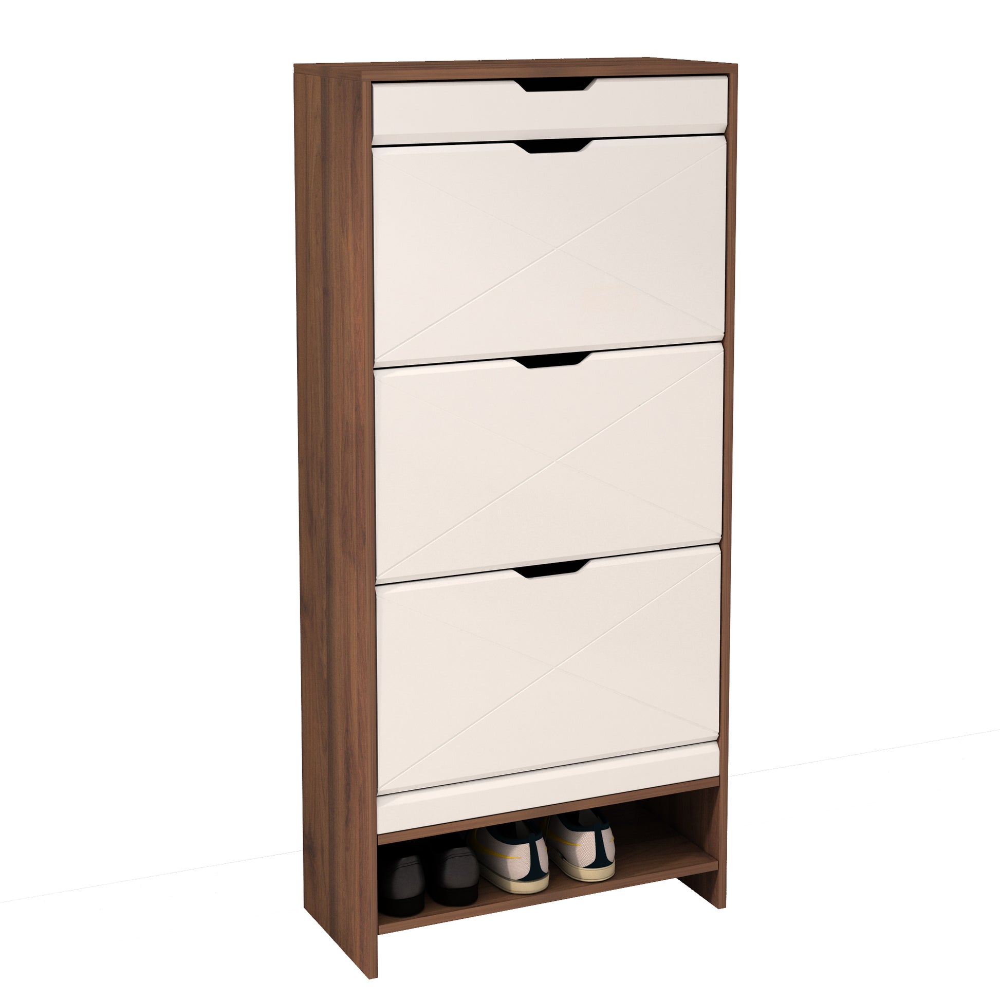 3 Tier Shoe Storage Cabinet With Draders For Entryway,Bedroom,Flip Door Design Shoe Cabinet White Walnut Mdf