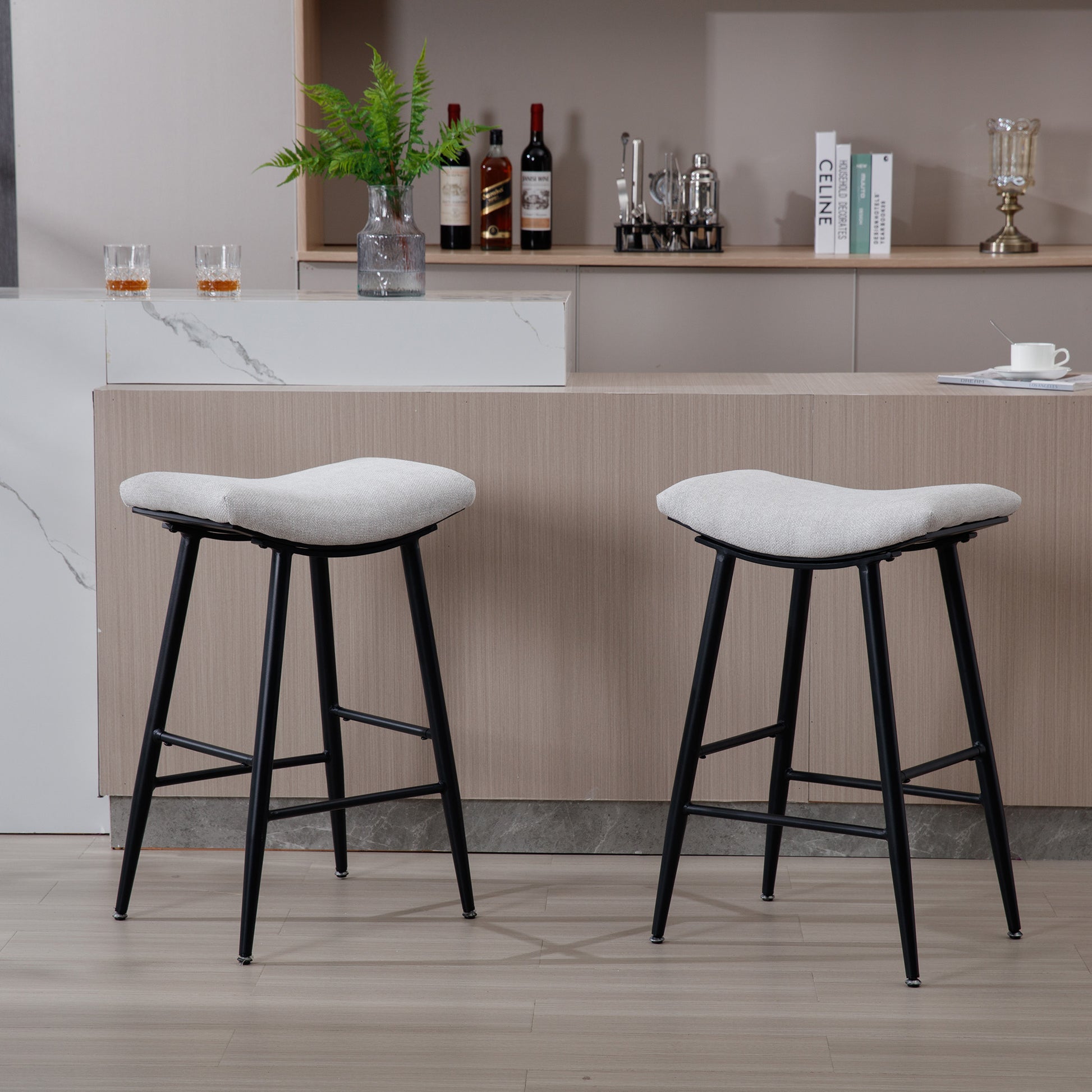 Bar Stools Set Of 2 Armless Counter Low Bar Stools Without Back Modern Linen Fabric Breakfast Stools With Metal Leg And Footrest,Beige Gray Pale Blue Beige Kitchen Foam Dry Clean Modern Bar Stools Foam Linen