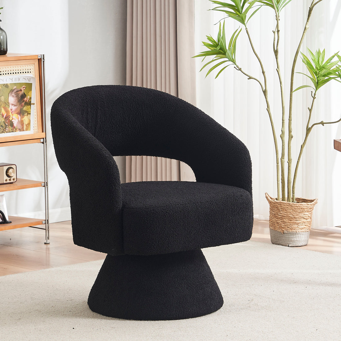 Swivel Accent Chair Armchair, Round Barrel Chair In Fabric For Living Room Bedroom,Black Teddy Black Foam Faux Fur