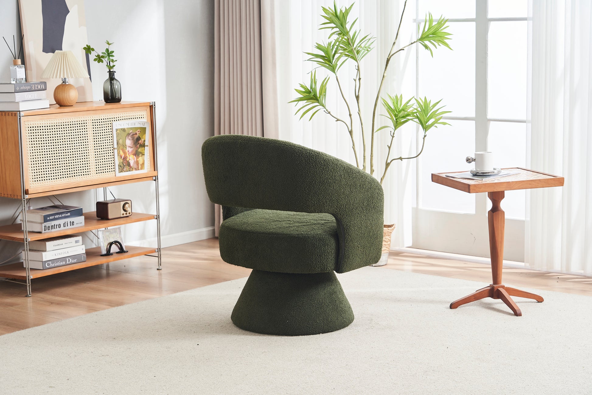 Swivel Accent Chair Armchair, Round Barrel Chair In Fabric For Living Room Bedroom,Green Teddy Green Foam Faux Fur