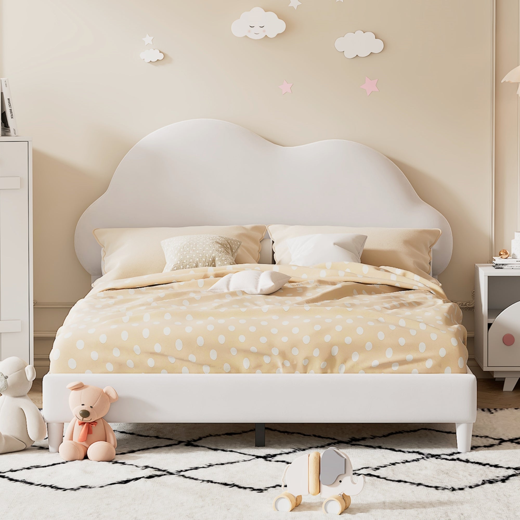 Full size Upholstered Cloud Shape Bed ,Velvet Platform beige-velvet