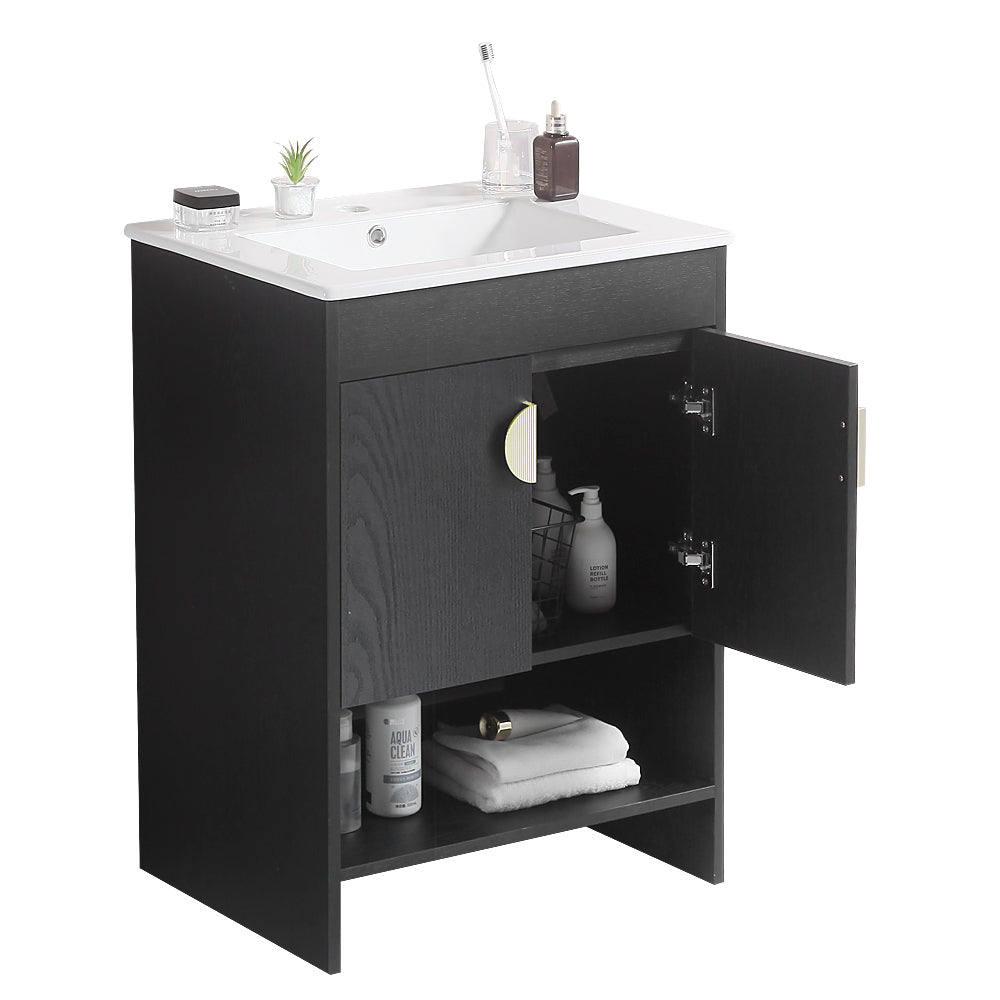 24" Bathroom Vanity,with White Ceramic Basin,Two black-solid wood