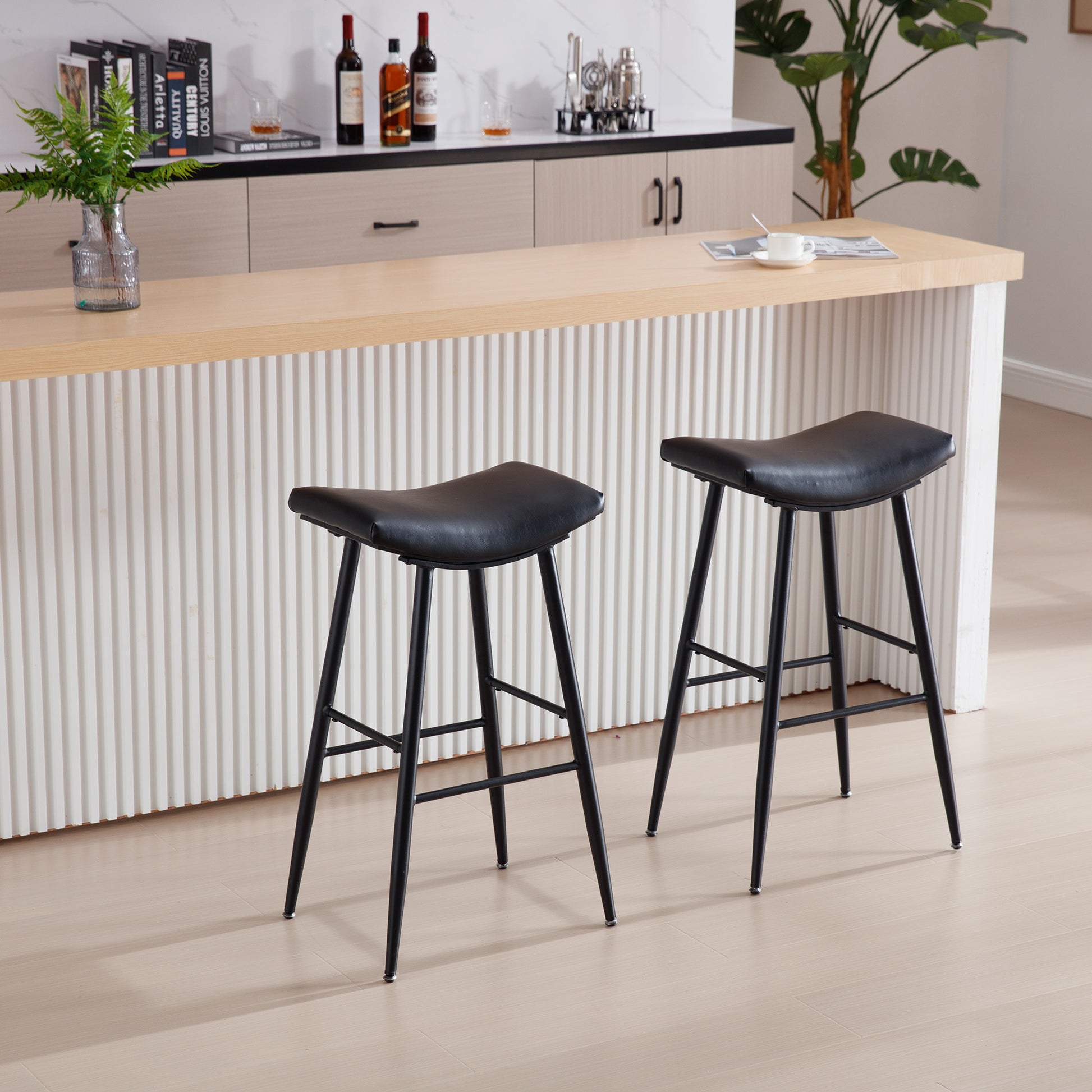 Counter Height Bar Stool Set Of 2 For Dining Room Kitchen Counter Island, Pu Upholstered Breakfast Stools With Footrest,Black Black Pu Kitchen Foam Dry Clean Modern Bar Stools Foam Pu Leather