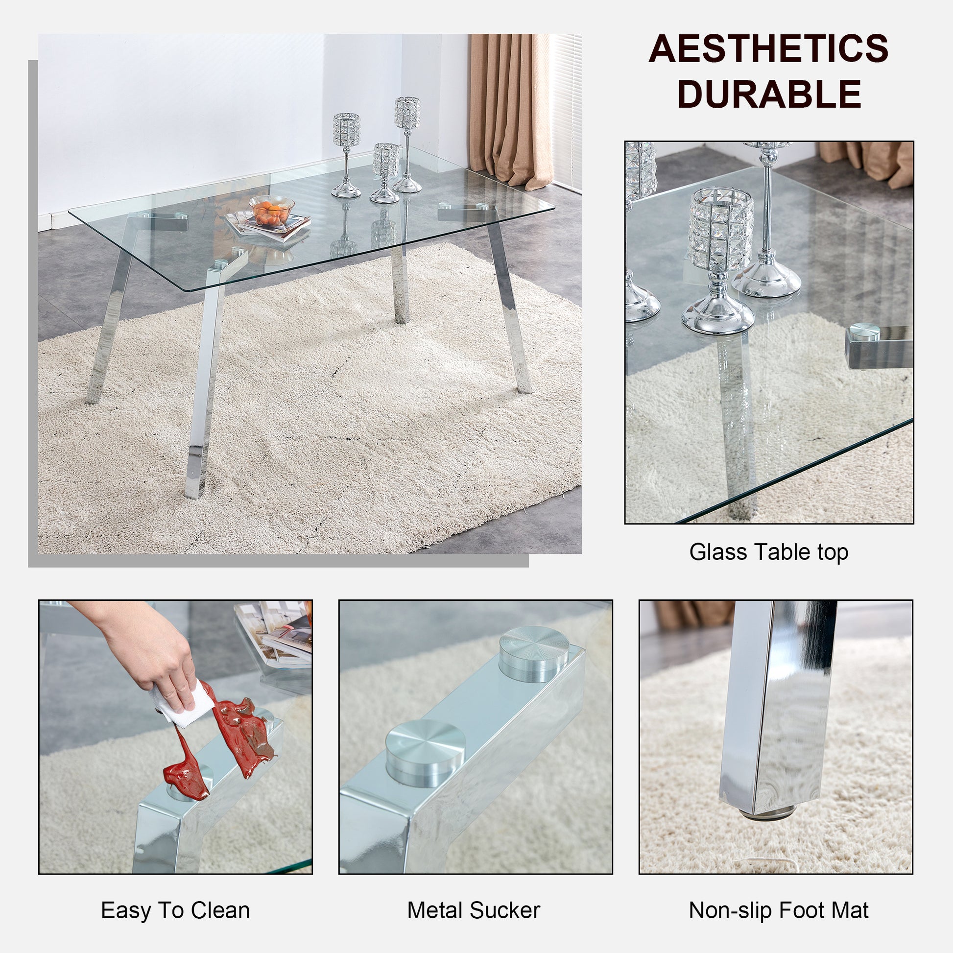 A Modern Minimalist Rectangular Glass Dining Table With Tempered Glass Tabletop And Silver Metal Legs, Suitable For Kitchens, Restaurants, And Living Rooms,63"*35.4"*30" Silver Metal