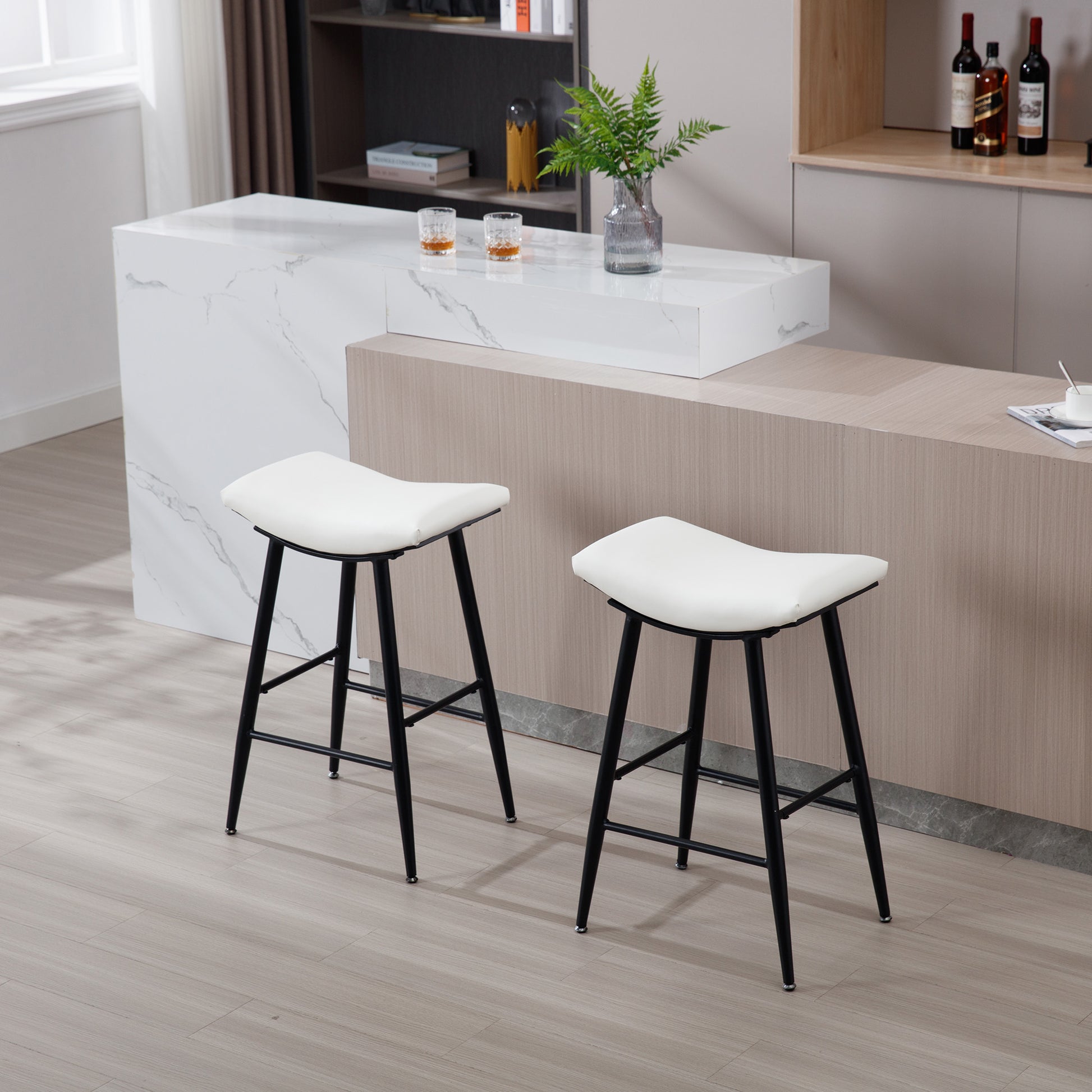 Bar Stools Set Of 2 Armless Counter Low Bar Stools Without Back Modern Pu Leather Stools With Metal Leg And Footrest,Cream Cream Kitchen Foam Dry Clean Modern Bar Stools Foam Pu Leather