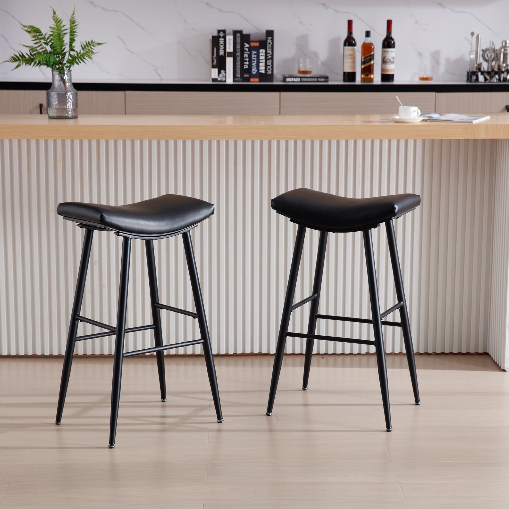 Counter Height Bar Stool Set Of 2 For Dining Room Kitchen Counter Island, Pu Upholstered Breakfast Stools With Footrest,Black Black Pu Kitchen Foam Dry Clean Modern Bar Stools Foam Pu Leather