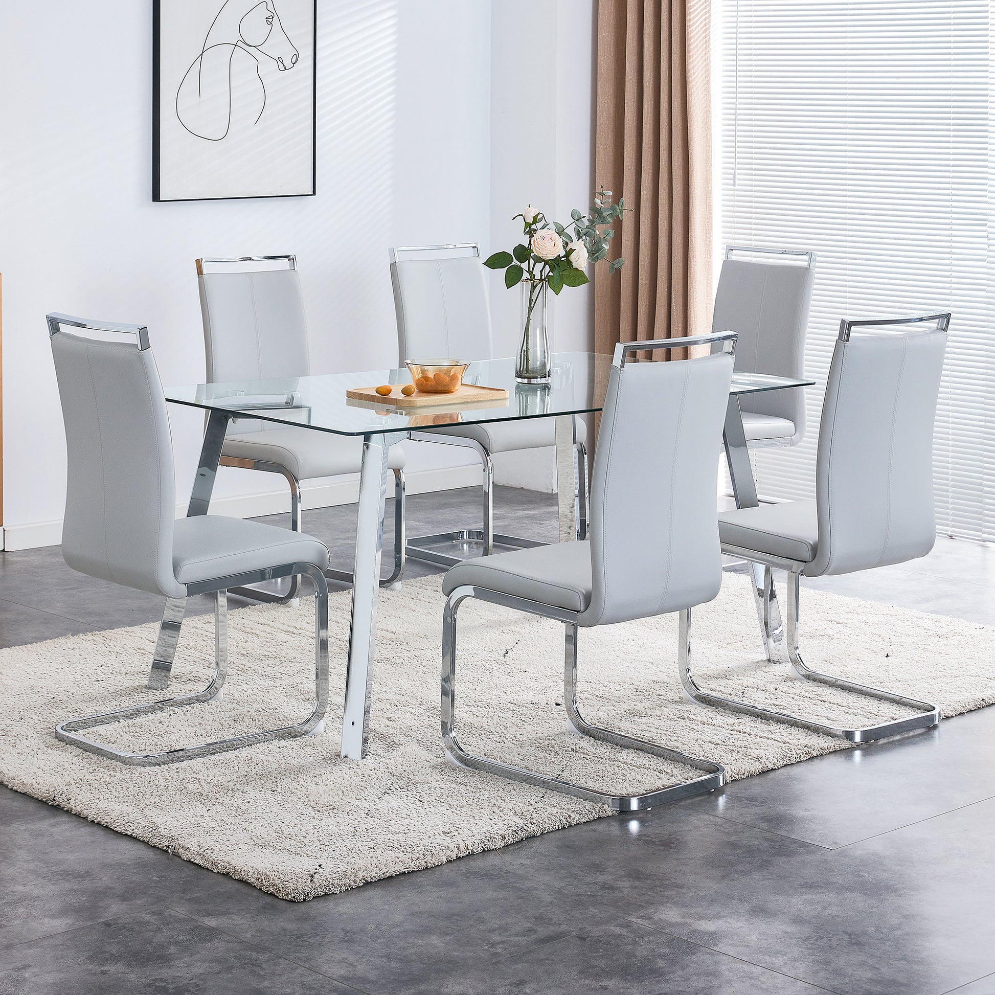 A Modern Minimalist Rectangular Glass Dining Table With Tempered Glass Tabletop And Silver Metal Legs, Suitable For Kitchens, Restaurants, And Living Rooms,63"*35.4"*30" Silver Metal