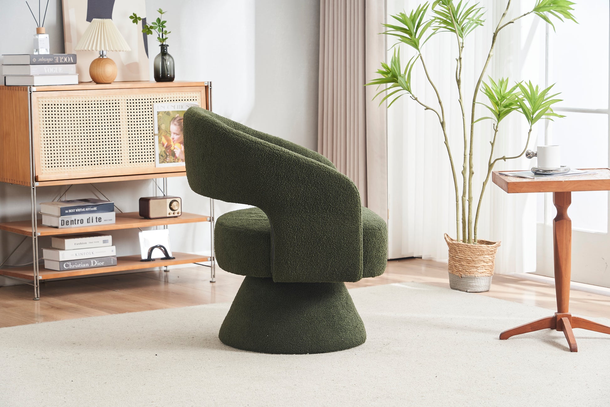 Swivel Accent Chair Armchair, Round Barrel Chair In Fabric For Living Room Bedroom,Green Teddy Green Foam Faux Fur