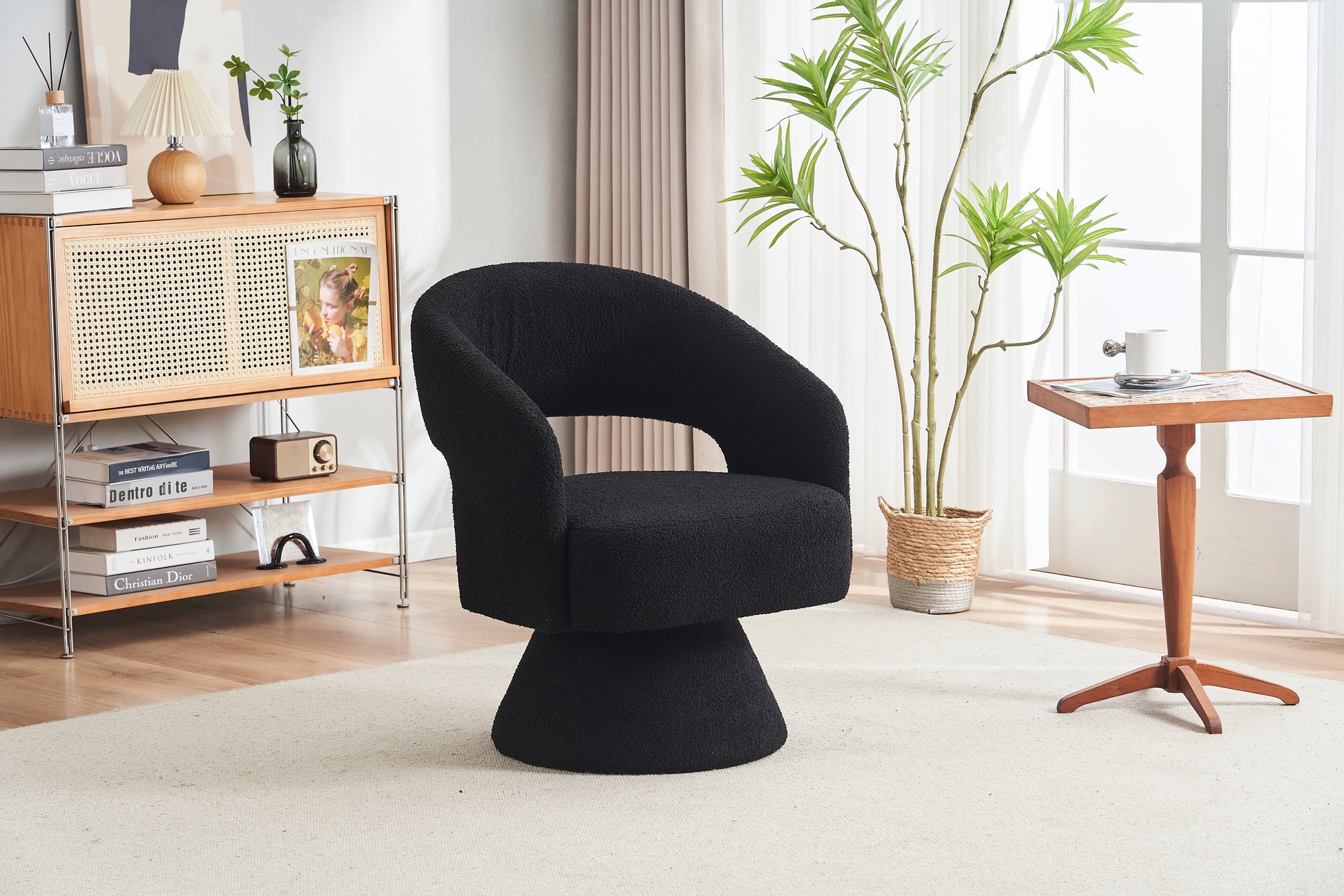 Swivel Accent Chair Armchair, Round Barrel Chair In Fabric For Living Room Bedroom,Black Teddy Black Foam Faux Fur