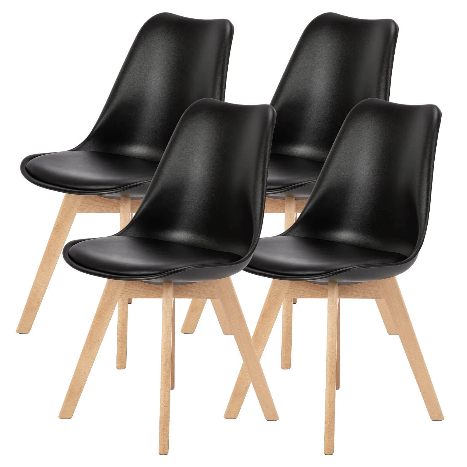 Pu Leather Upholstered Dining Chairs With Wood Legs, Set Of 4 For Kitchen, Black Black Wood