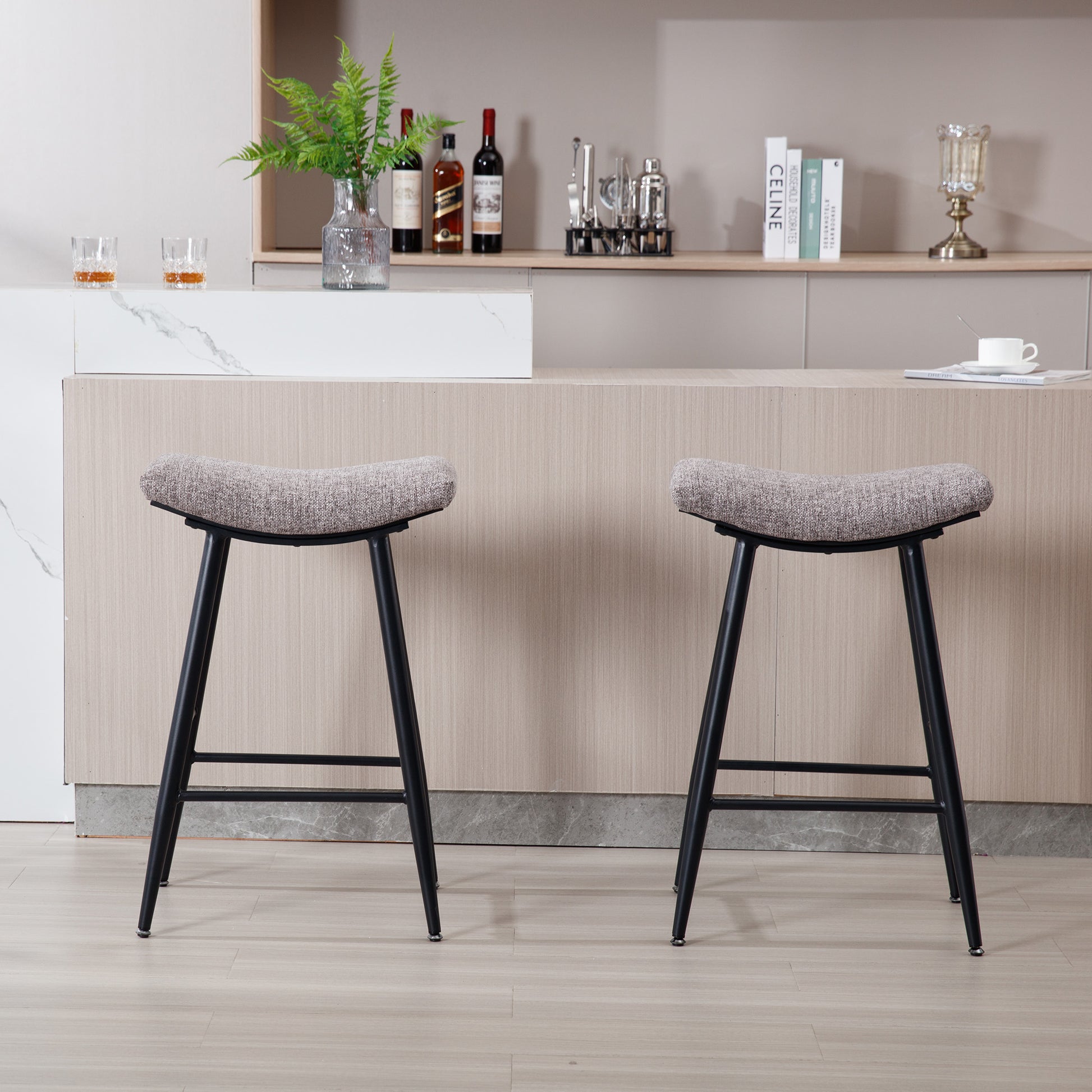 Bar Stools Set Of 2 Armless Counter Low Bar Stools Without Back Modern Linen Fabric Breakfast Stools With Metal Leg And Footrest,Coffee Coffee Kitchen Foam Dry Clean Modern Bar Stools Foam Linen