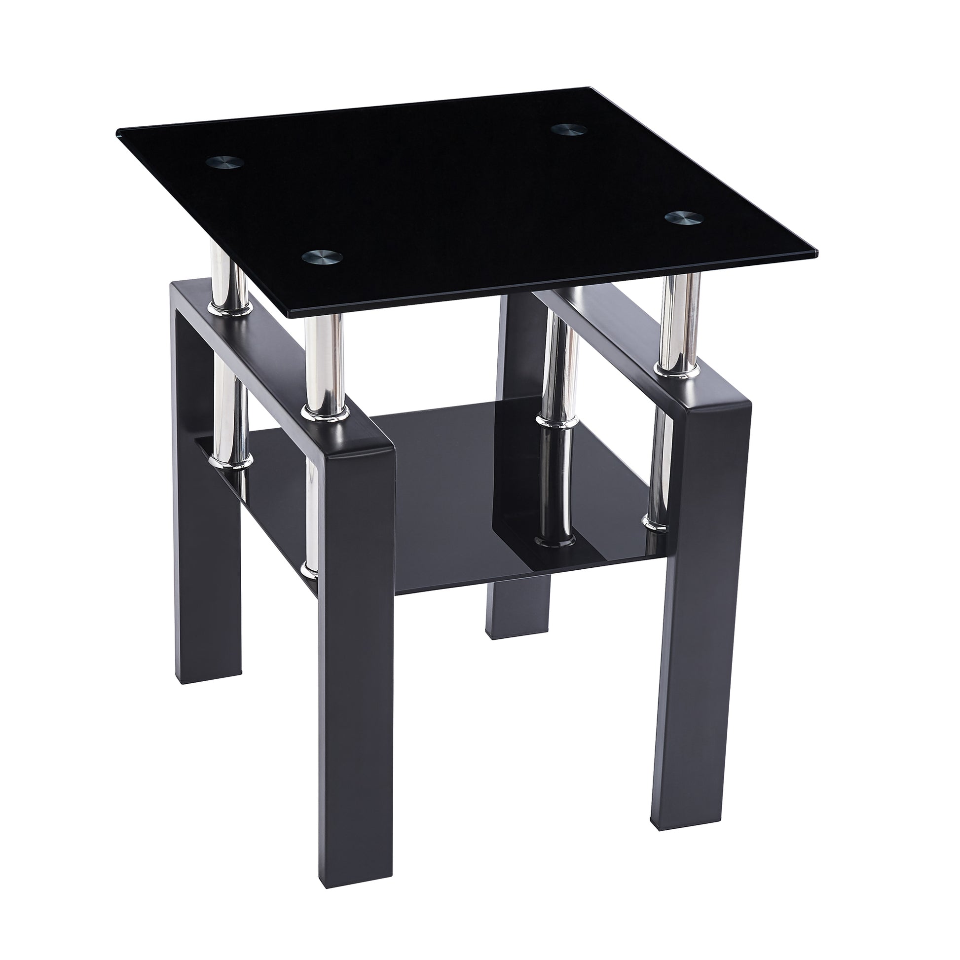 2 Piece Tempered Black Glass Sofa Table, Black Noghtstand With Metal Leg For Living Room Black Glass