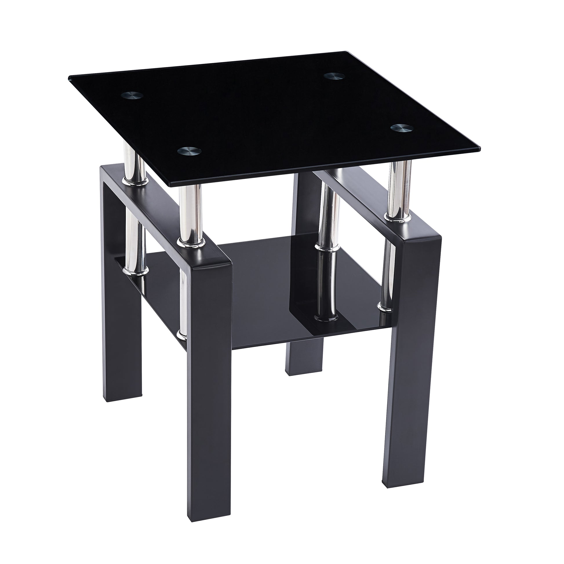 Tempered Black Glass Sofa Table, 2 Layers End Table With Storage, Living Room Side Table Black Glass