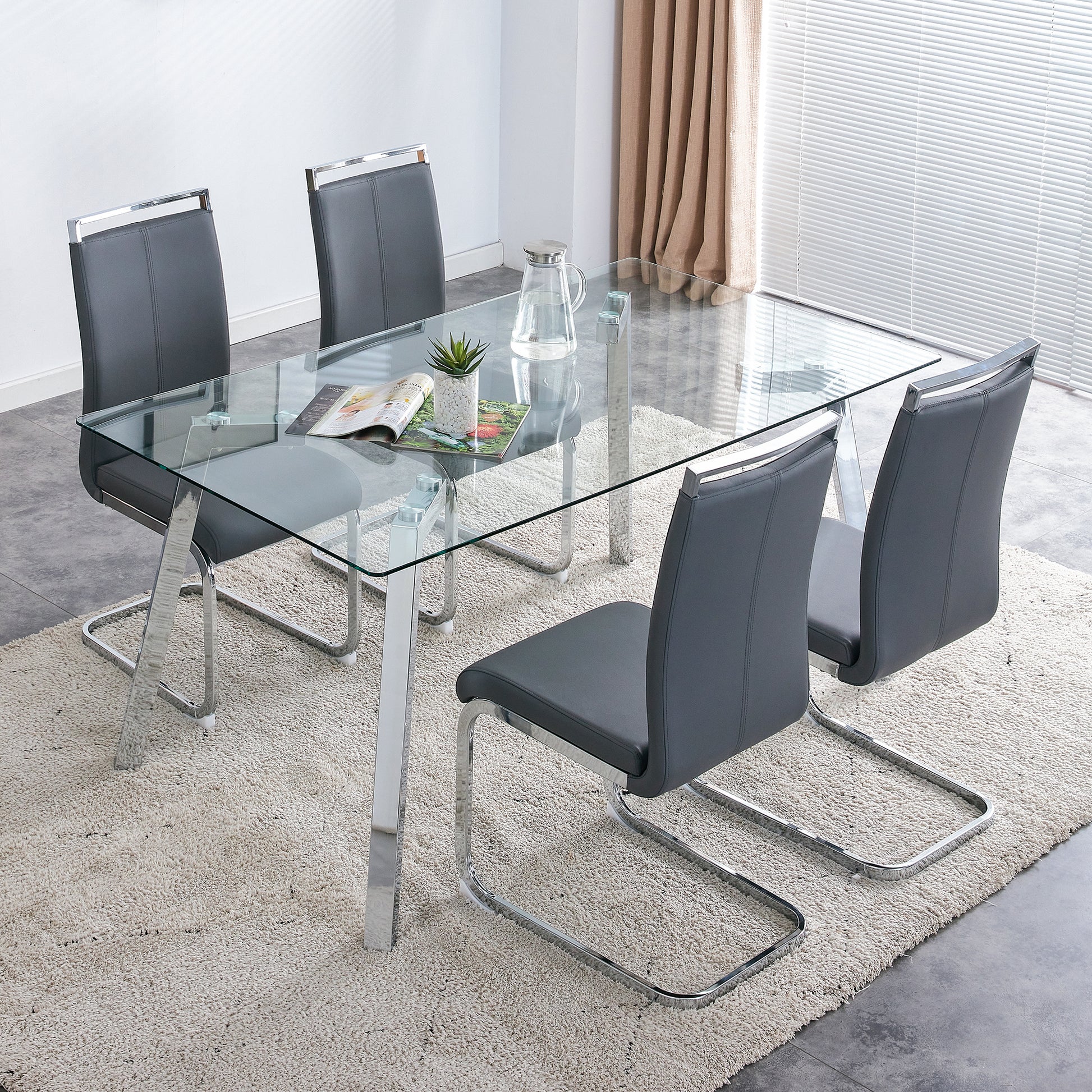 A Modern Minimalist Rectangular Glass Dining Table With Tempered Glass Tabletop And Silver Metal Legs, Suitable For Kitchens, Restaurants, And Living Rooms,63"*35.4"*30" Silver Metal