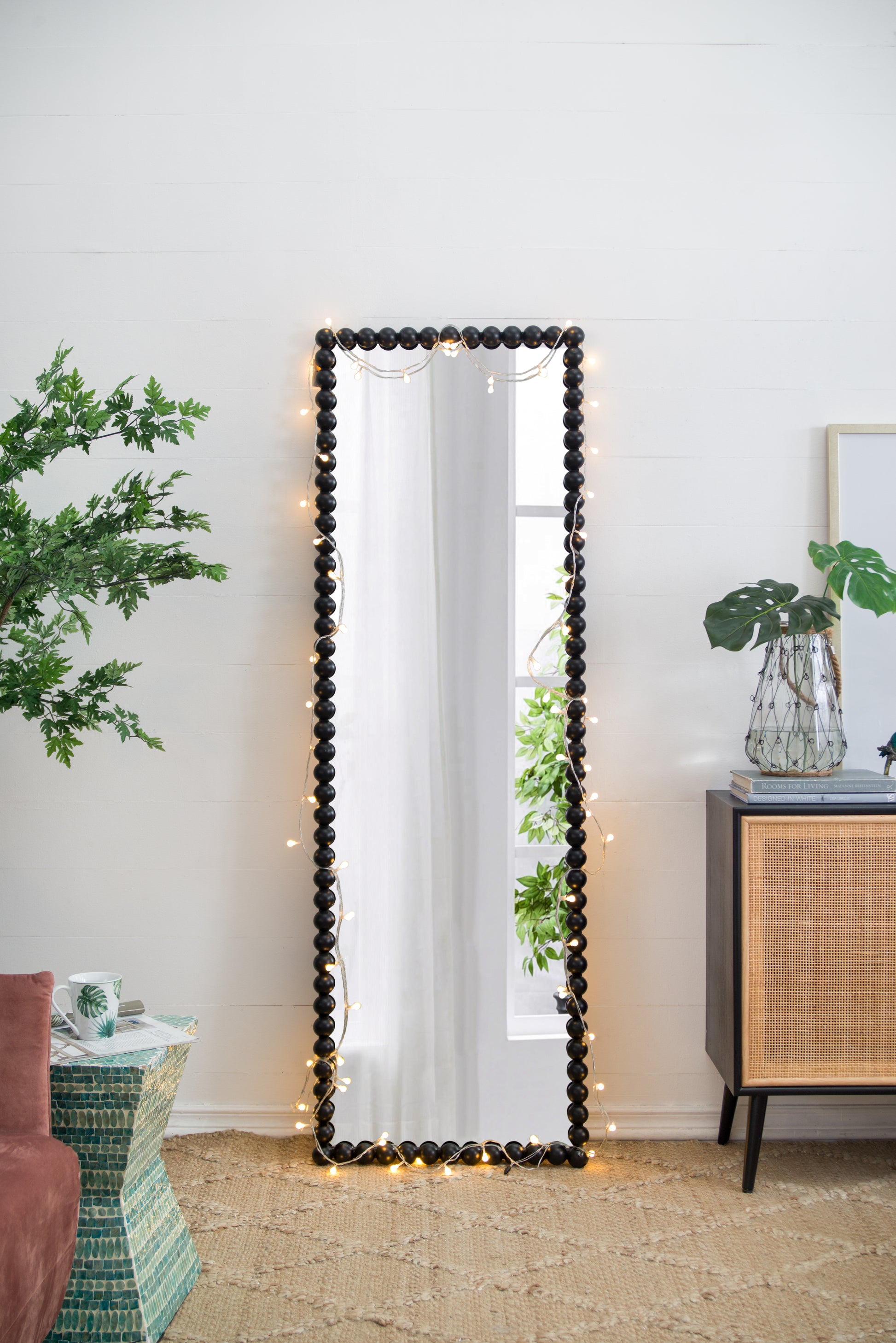 23" X 72" Full Length Mirror With Metal Beaded Frame, Rectangular Oversized Mirror For Living Room Bedroom, Black Black Iron