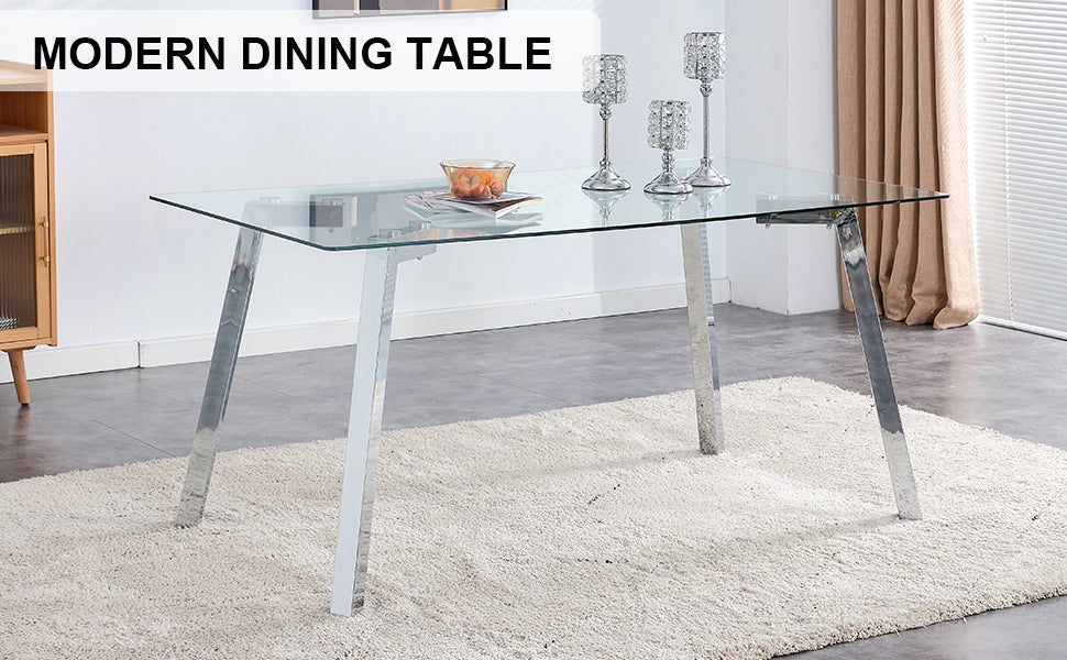 A Modern Minimalist Rectangular Glass Dining Table With Tempered Glass Tabletop And Silver Metal Legs, Suitable For Kitchens, Restaurants, And Living Rooms,63"*35.4"*30" Silver Metal