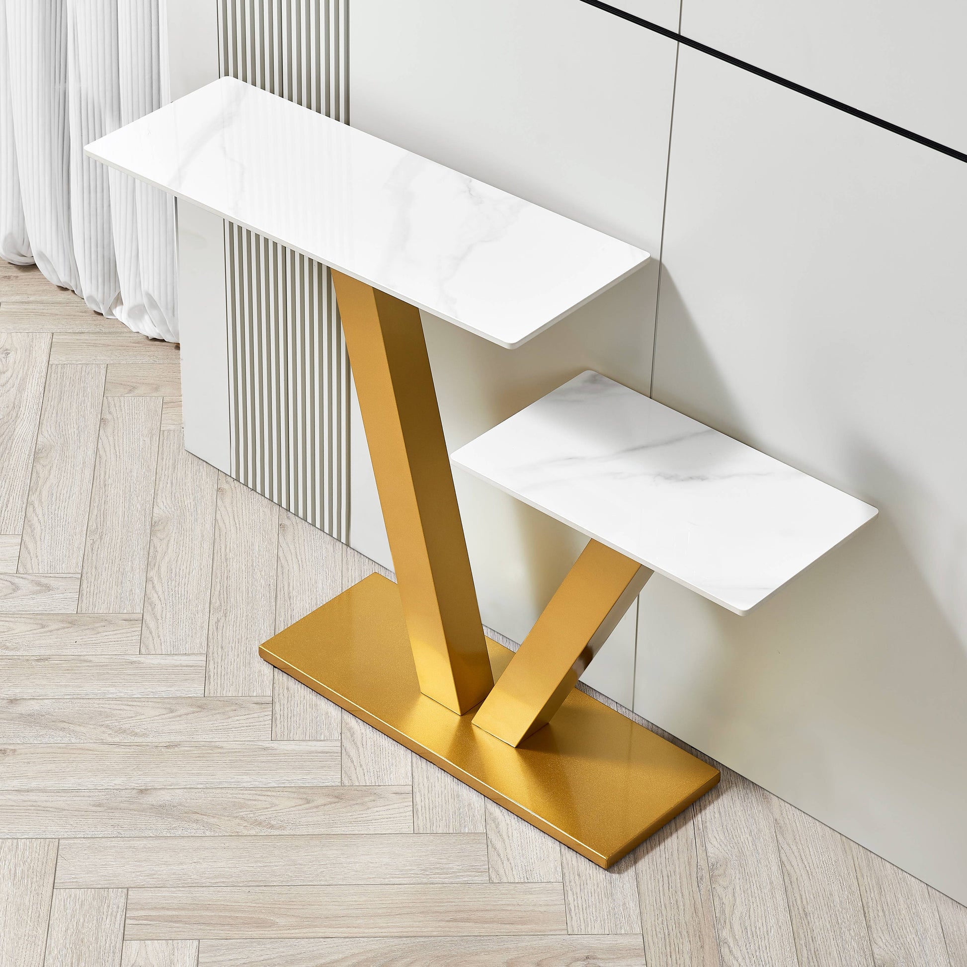 47.2"Modern Console Table, Exquisite Shape Design, Metal Frame With Adjustable Foot Pads For Entrance, Corridor, Living Room & Office. Gold Gold Metal & Wood Metal & Wood