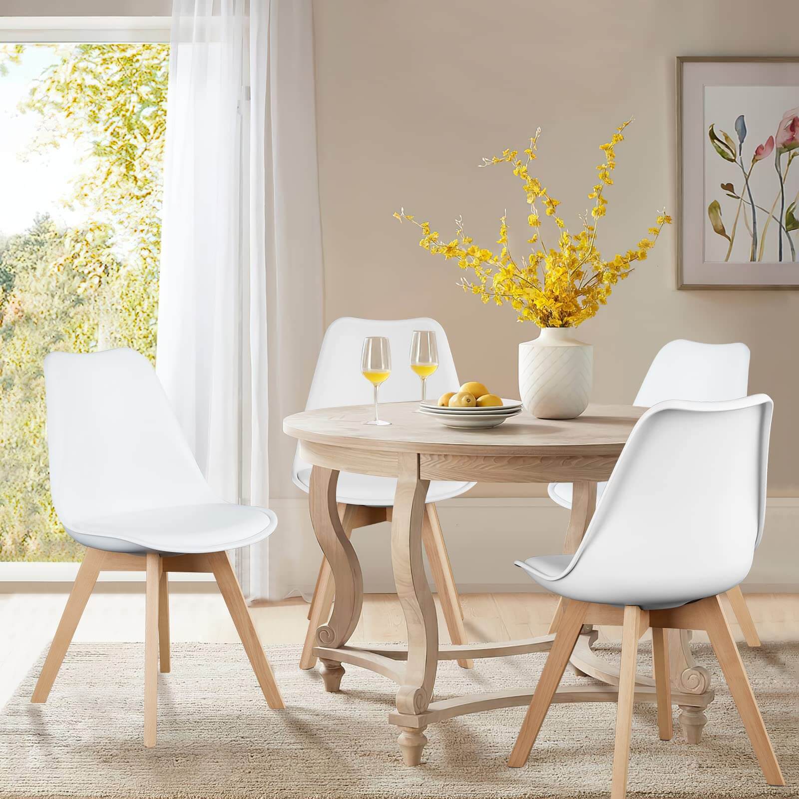 Pu Leather Upholstered Dining Chairs With Wood Legs, Set Of 4 For Kitchen, White White Wood