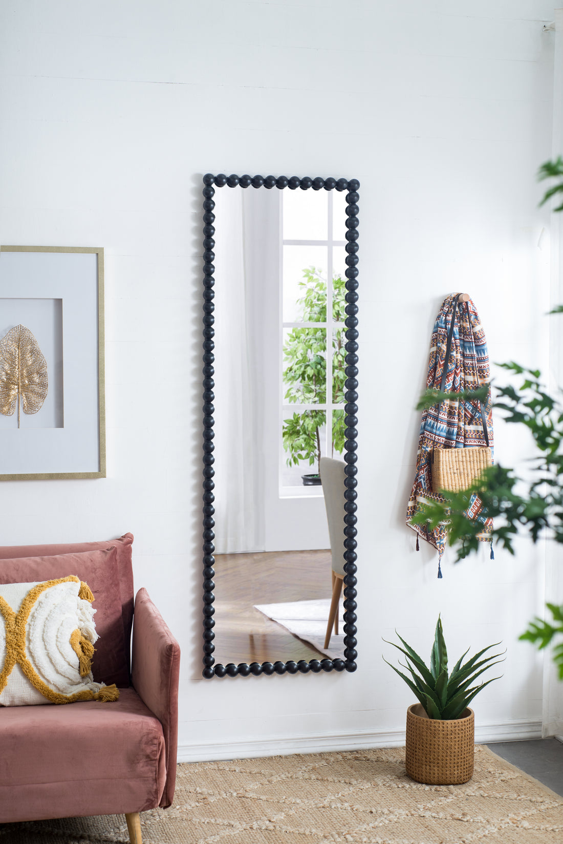 23" X 72" Full Length Mirror With Metal Beaded Frame, Rectangular Oversized Mirror For Living Room Bedroom, Black Black Iron