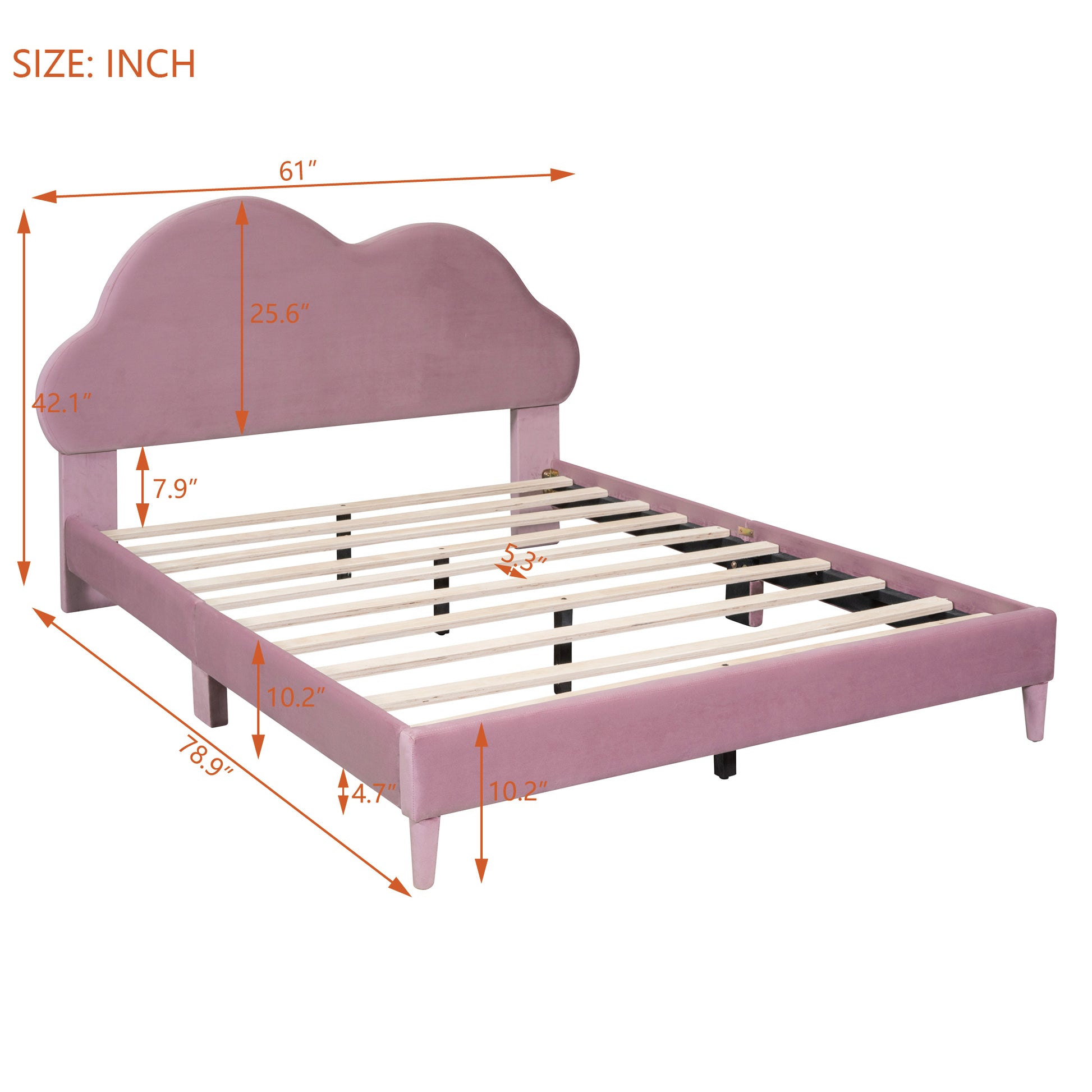 Full Size Upholstered Cloud Shape Bed ,Velvet Platform Bed With Headboard,No Box Spring Needed,Pink Pink Velvet