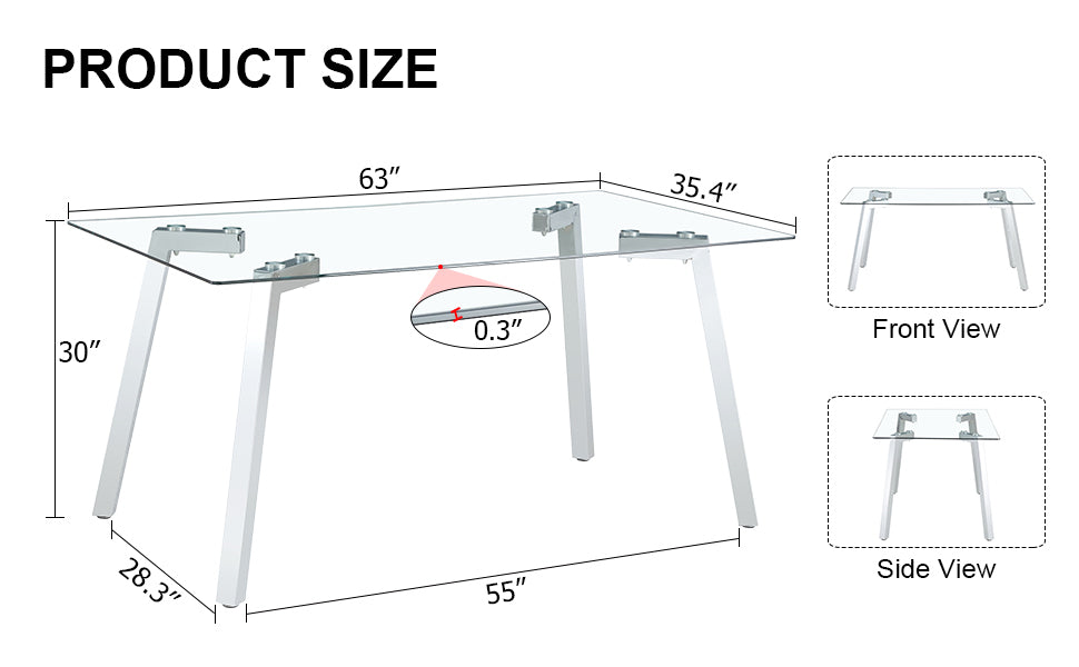 A Modern Minimalist Rectangular Glass Dining Table With Tempered Glass Tabletop And Silver Metal Legs, Suitable For Kitchens, Restaurants, And Living Rooms,63"*35.4"*30" Silver Metal