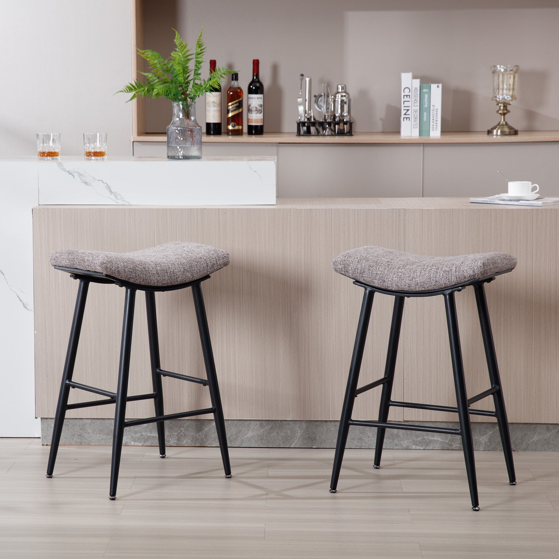 Bar Stools Set Of 2 Armless Counter Low Bar Stools Without Back Modern Linen Fabric Breakfast Stools With Metal Leg And Footrest,Coffee Coffee Kitchen Foam Dry Clean Modern Bar Stools Foam Linen