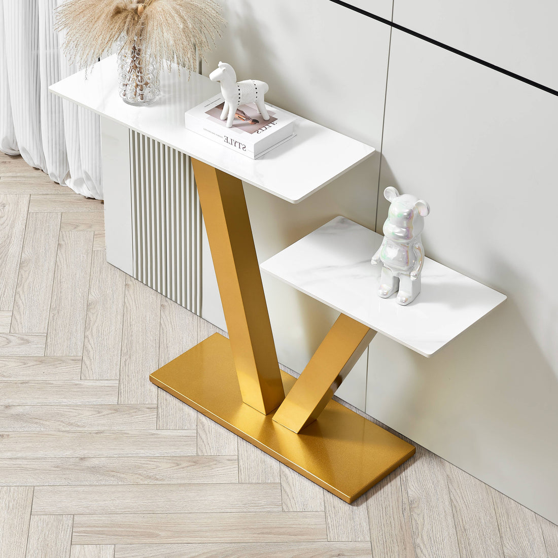 47.2"Modern Console Table, Exquisite Shape Design, Metal Frame With Adjustable Foot Pads For Entrance, Corridor, Living Room & Office. Gold Gold Metal & Wood Metal & Wood