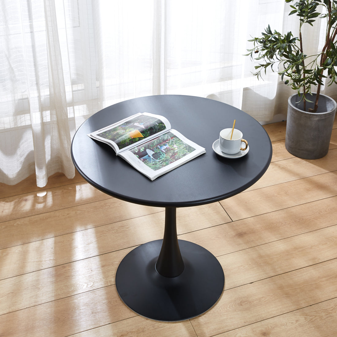 Modern Black Round Dining Table, 31.5'' Diameter Solid Metal Base Coffee Table Black Metal