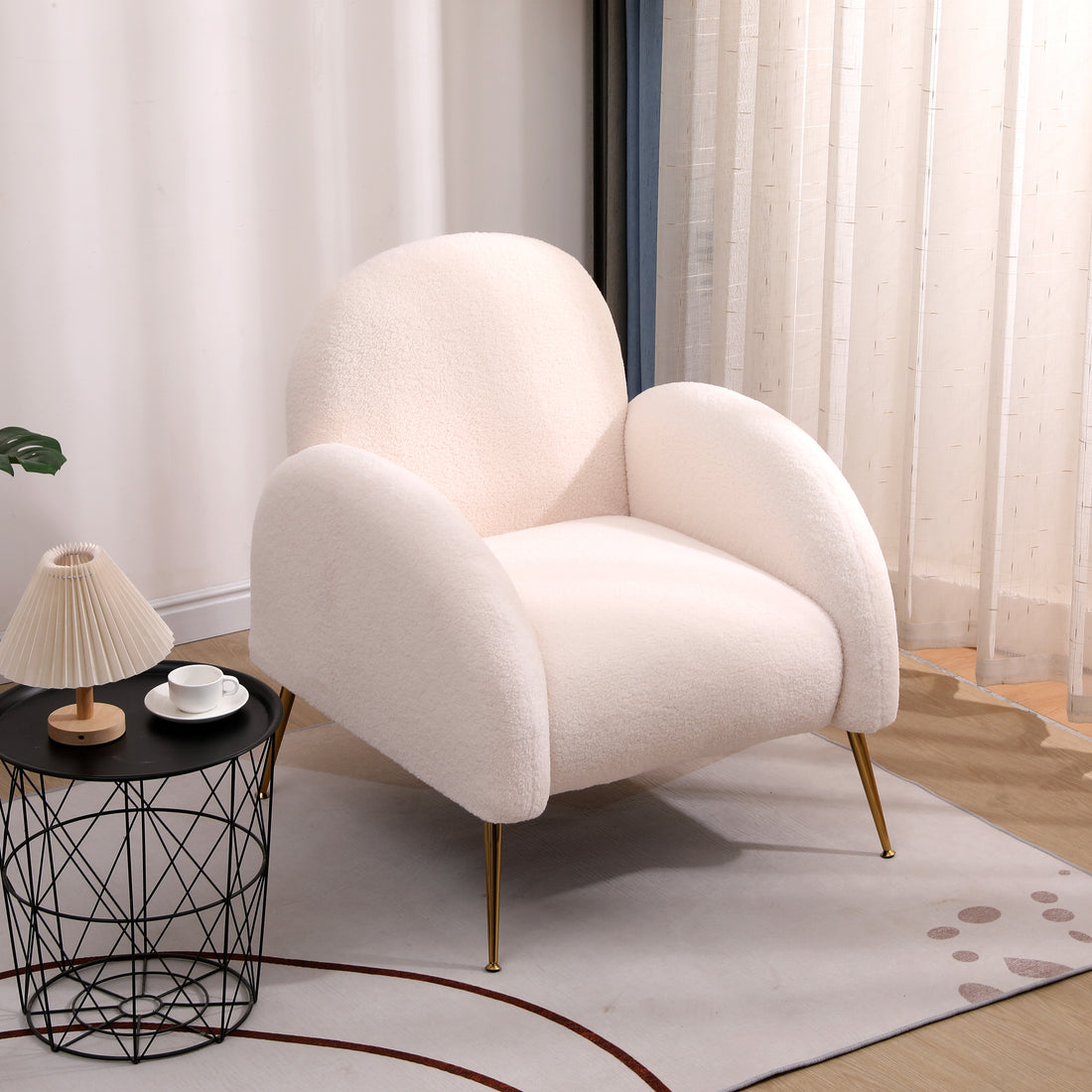 Accent Upholstered Single Chair White Sherpa Armchair With Golden Legs For Living Room, Bedroom, Office White Primary Living Space Modern Foam Sherpa