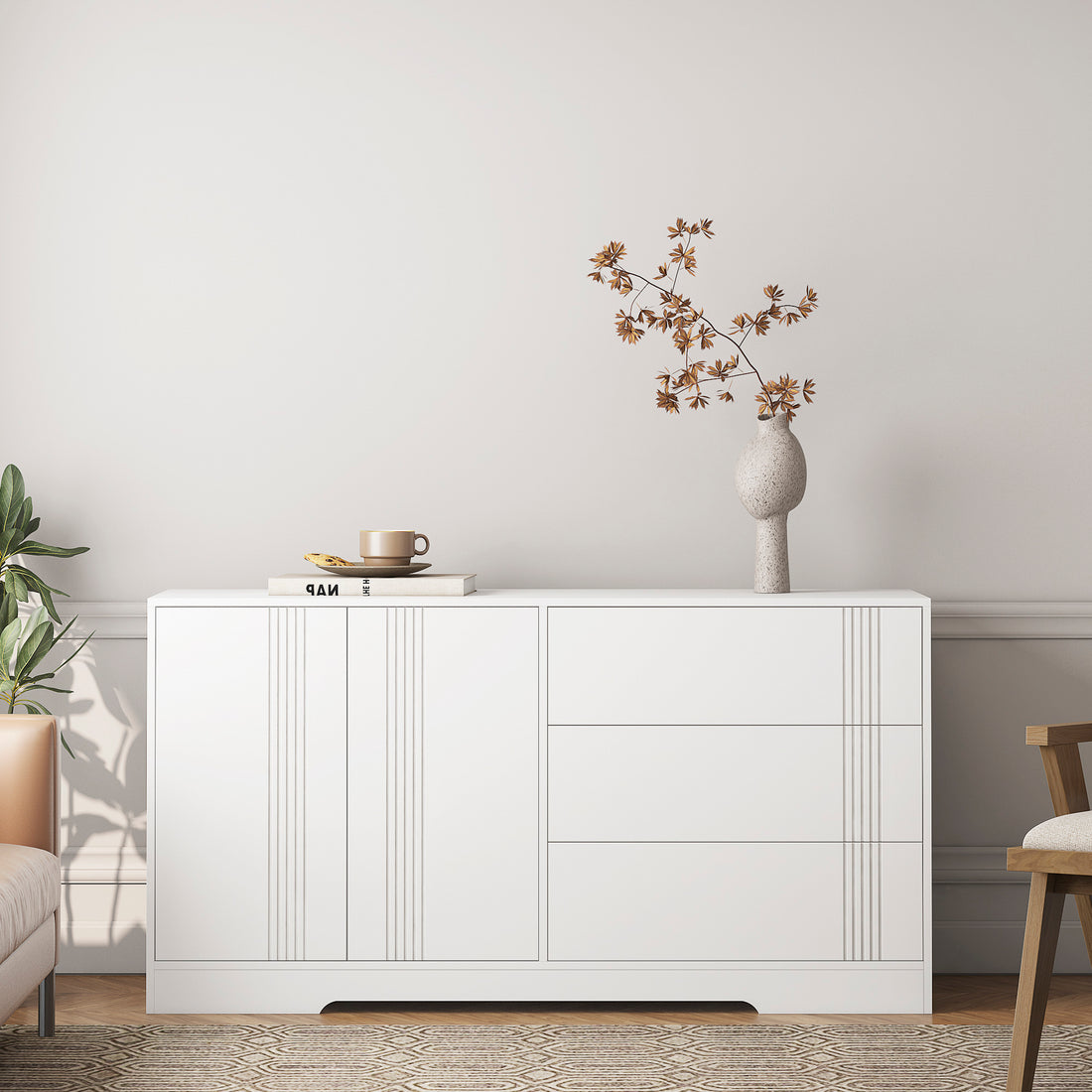 Sideboard Buffet Cabinet With Storage, Modern Kitchen Buffet Storage Cabinet With Drawer And Doors, Large Coffee Bar With Adjustable Shelves For Kitchen White Mdf