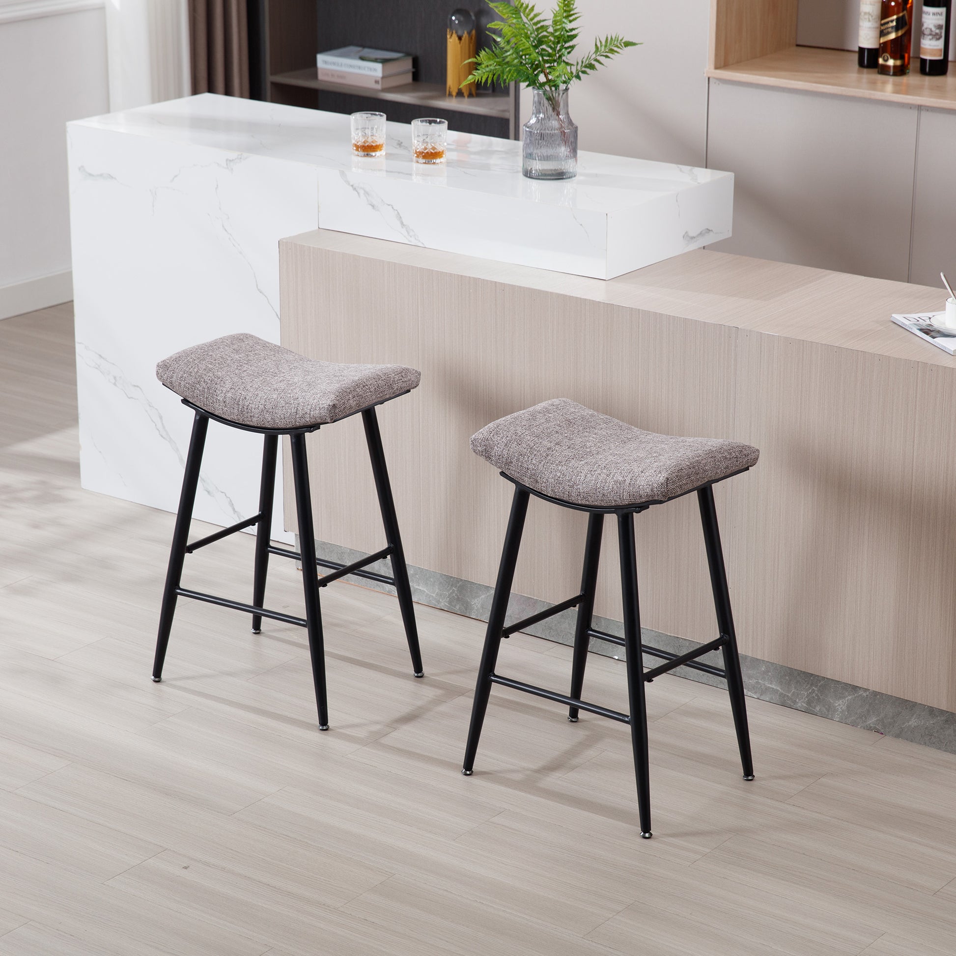 Bar Stools Set Of 2 Armless Counter Low Bar Stools Without Back Modern Linen Fabric Breakfast Stools With Metal Leg And Footrest,Coffee Coffee Kitchen Foam Dry Clean Modern Bar Stools Foam Linen