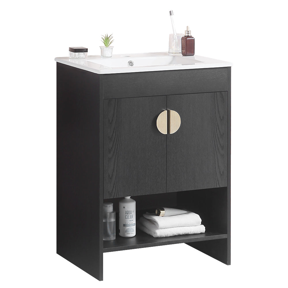 24" Bathroom Vanity,with White Ceramic Basin,Two black-solid wood