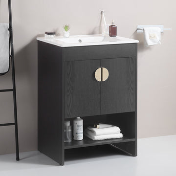 24" Bathroom Vanity,With White Ceramic Basin,Two Cabinet Doors Withmetal Handle ,Solid Wood,Excluding Faucets,Black Black Solid Wood