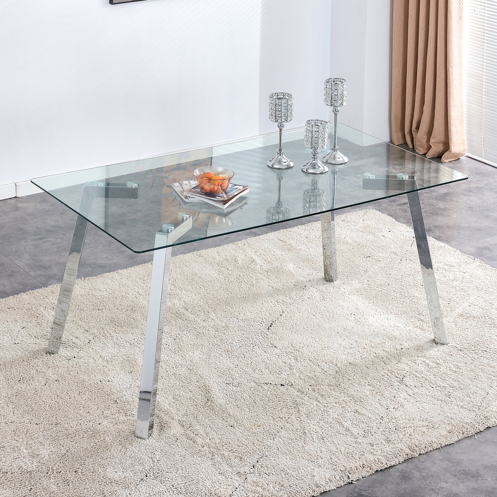 A Modern Minimalist Rectangular Glass Dining Table With Tempered Glass Tabletop And Silver Metal Legs, Suitable For Kitchens, Restaurants, And Living Rooms,63"*35.4"*30" Silver Metal