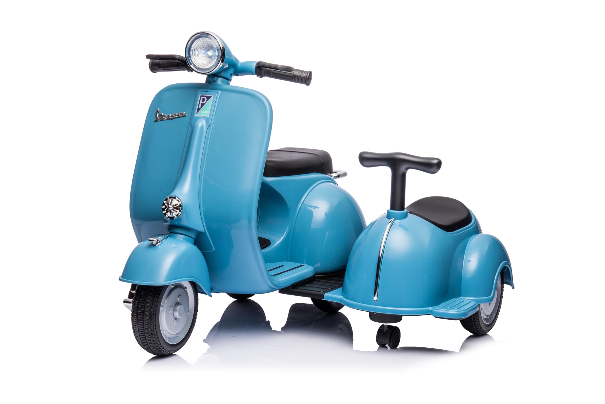6V Licensed Vespa Scooter Motorcycle With Side Car For Kids, Blue Blue Chrome