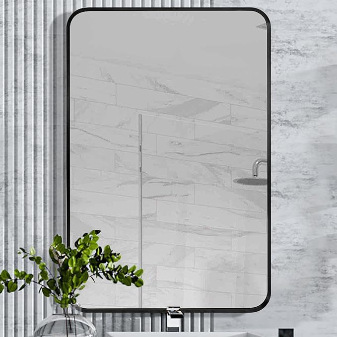 Black 24x36 INCH Metal Rectangle Barhroom mirror black-classic-mdf+glass-aluminium alloy