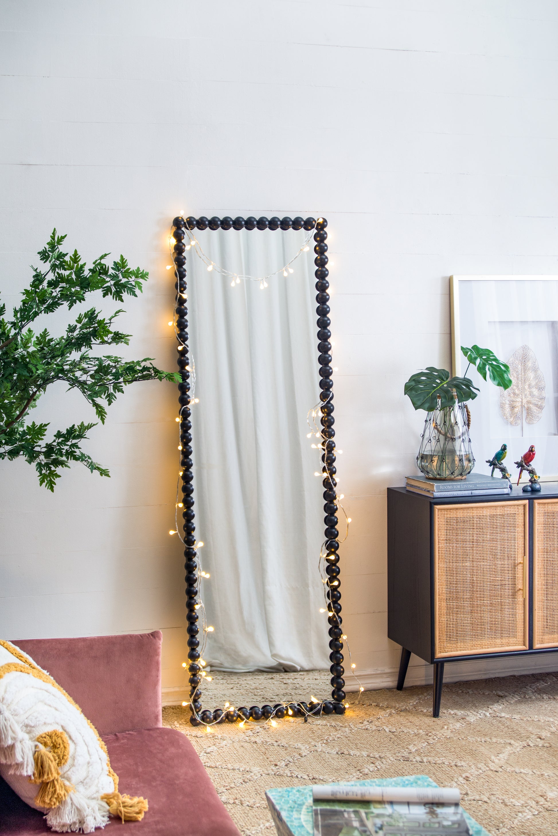 23" X 72" Full Length Mirror With Metal Beaded Frame, Rectangular Oversized Mirror For Living Room Bedroom, Black Black Iron