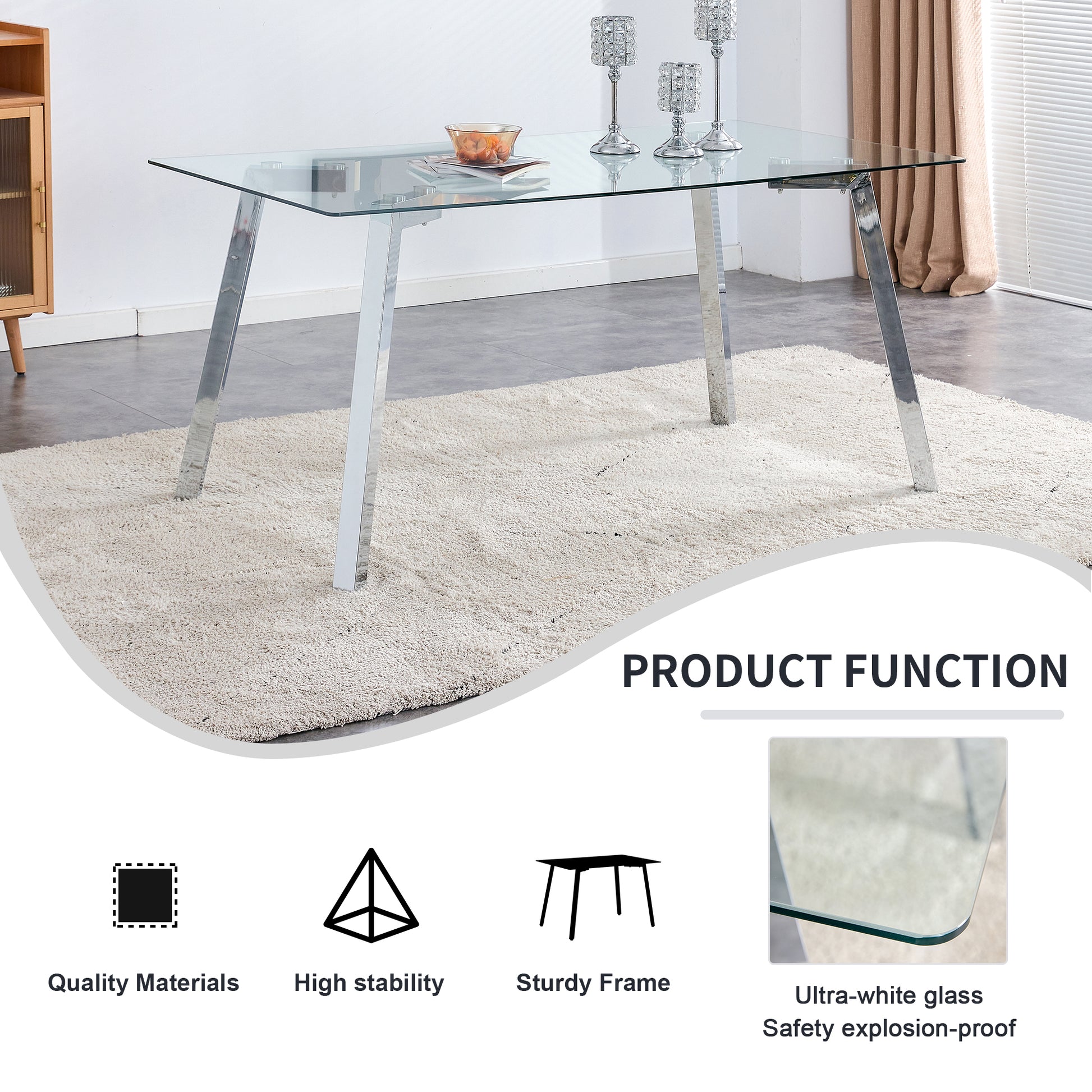 A Modern Minimalist Rectangular Glass Dining Table With Tempered Glass Tabletop And Silver Metal Legs, Suitable For Kitchens, Restaurants, And Living Rooms,63"*35.4"*30" Silver Metal