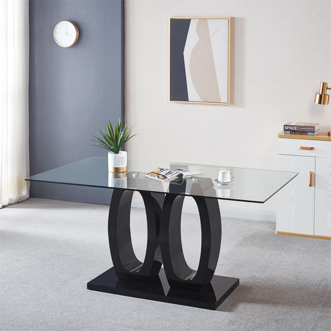 Contemporary Double Pedestal Dining Table, Tempered Glass Top With Mdf Base Black Tempered Glass